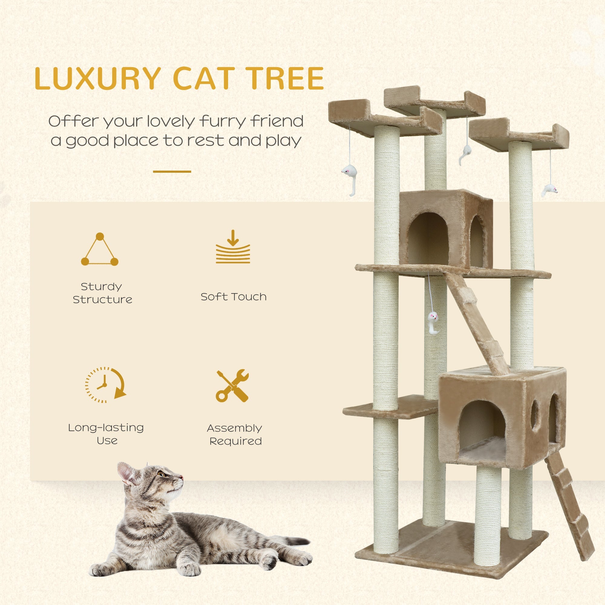 71-Inch Cat Tree Furniture Pet Tower House with Scratch Post and Condo, Beige Cat Towers   at Gallery Canada