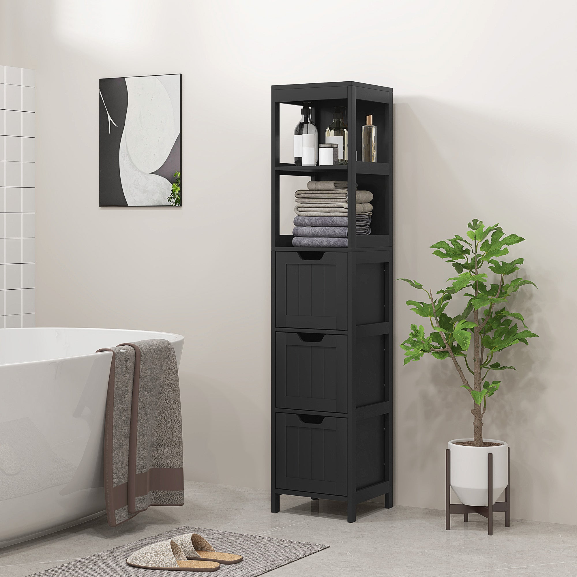 Narrow Bathroom Cabinet with 3 Drawers and 2 Tier Shelf, Tall Cupboard Freestanding Linen Tower, Black Bathroom Cabinets Black  at Gallery Canada