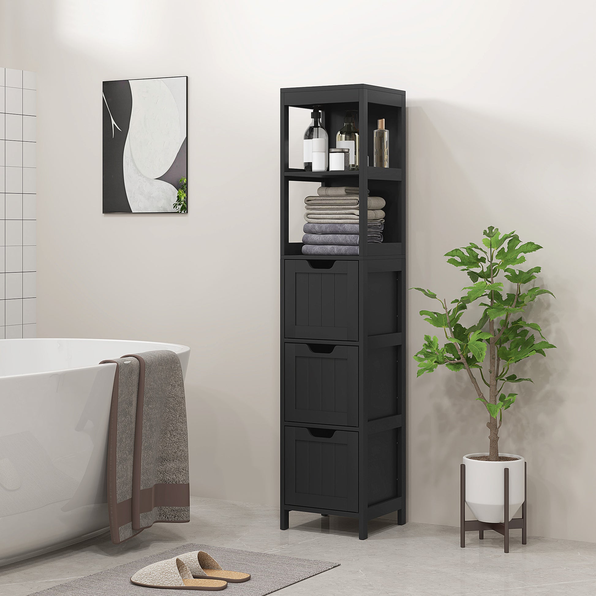 Narrow Bathroom Cabinet with 3 Drawers and 2 Tier Shelf, Tall Cupboard Freestanding Linen Tower, Black Bathroom Cabinets Black  at Gallery Canada