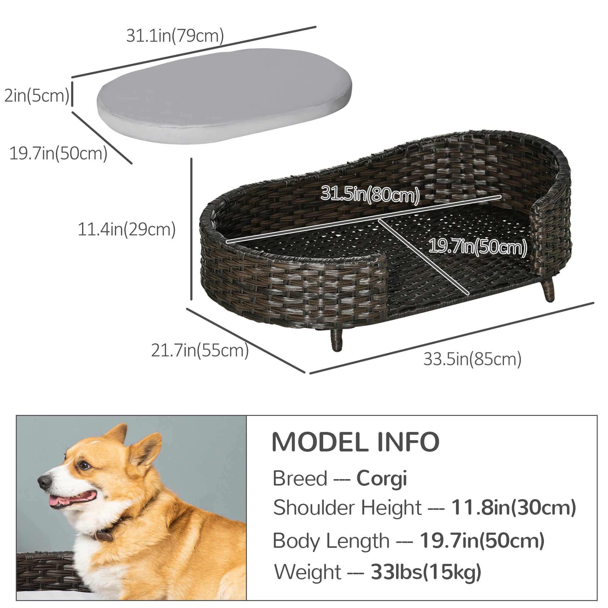 Rattan Pet Sofa Indoor &; Outdoor, Raised Wicker Dog Bed, Cat Couch, with Soft Cushion Washable Cover, for Small &; Medium Dogs, Charcoal Grey Dog Sofas Multi Colour  at Gallery Canada