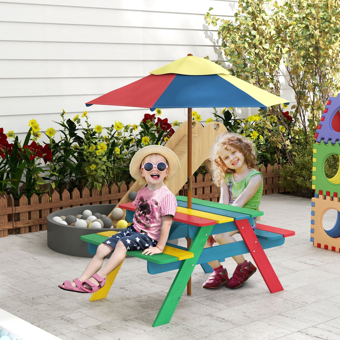 Wooden Kids Picnic Table Bench Set with Removable Umbrella for Backyard, Garden, 3-6 Years Old Kids Outdoor Furniture   at Gallery Canada