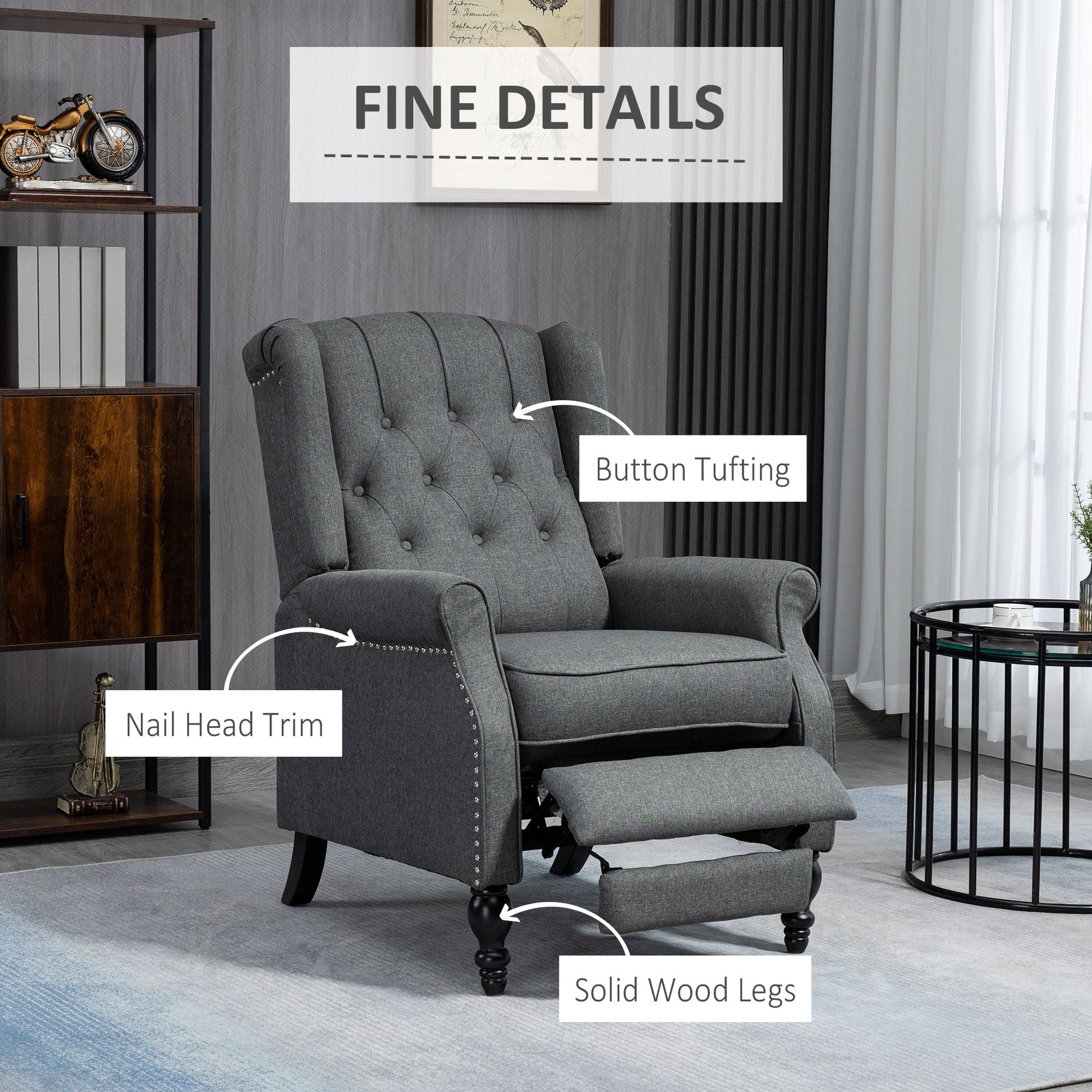 Wingback Reclining Chair with Footrest, Button Tufted Recliner Chair with Rolled Armrests for Living Room, Dark Grey Single Sofas   at Gallery Canada