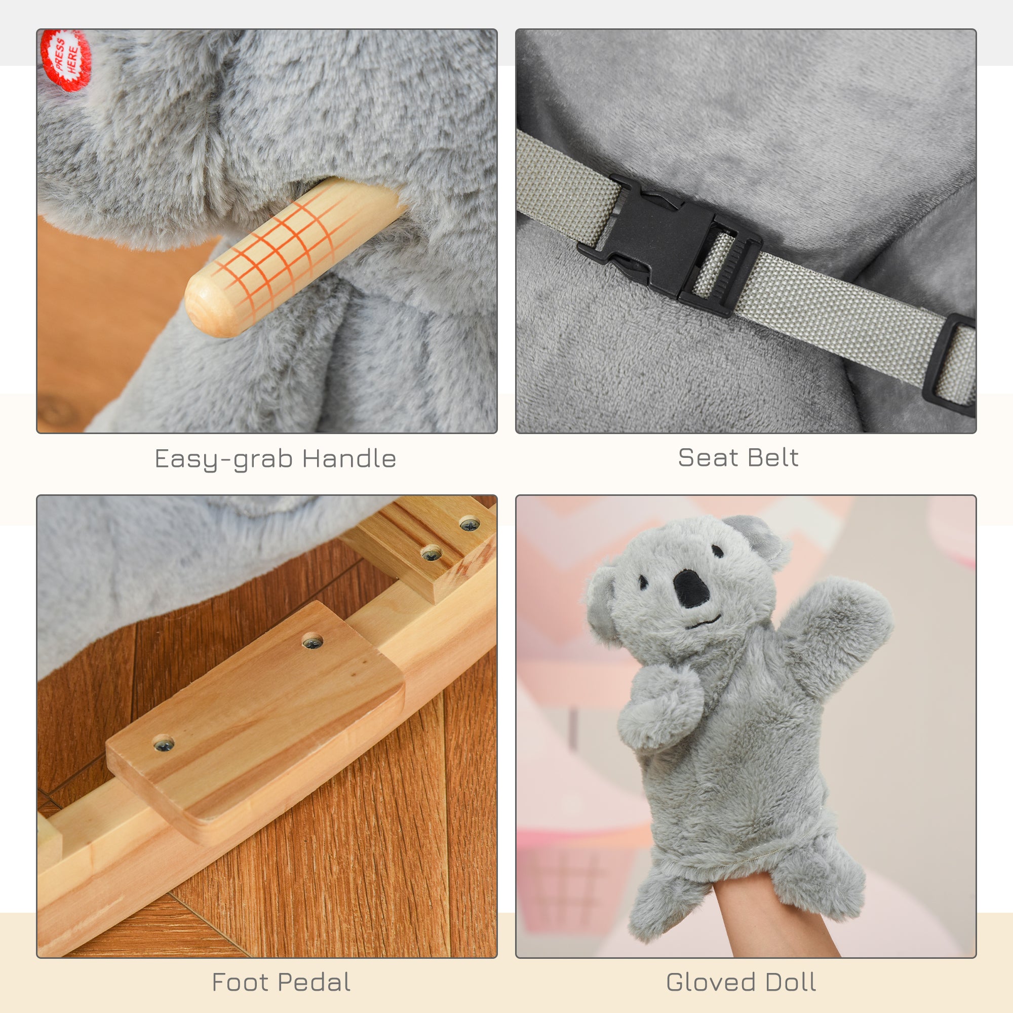Kids Plush Ride-On Rocking Horse Koala-shaped Plush Toy Rocker with Gloved Doll Realistic Sounds for Child 18-36 Months Grey Rocking Horses at Gallery Canada