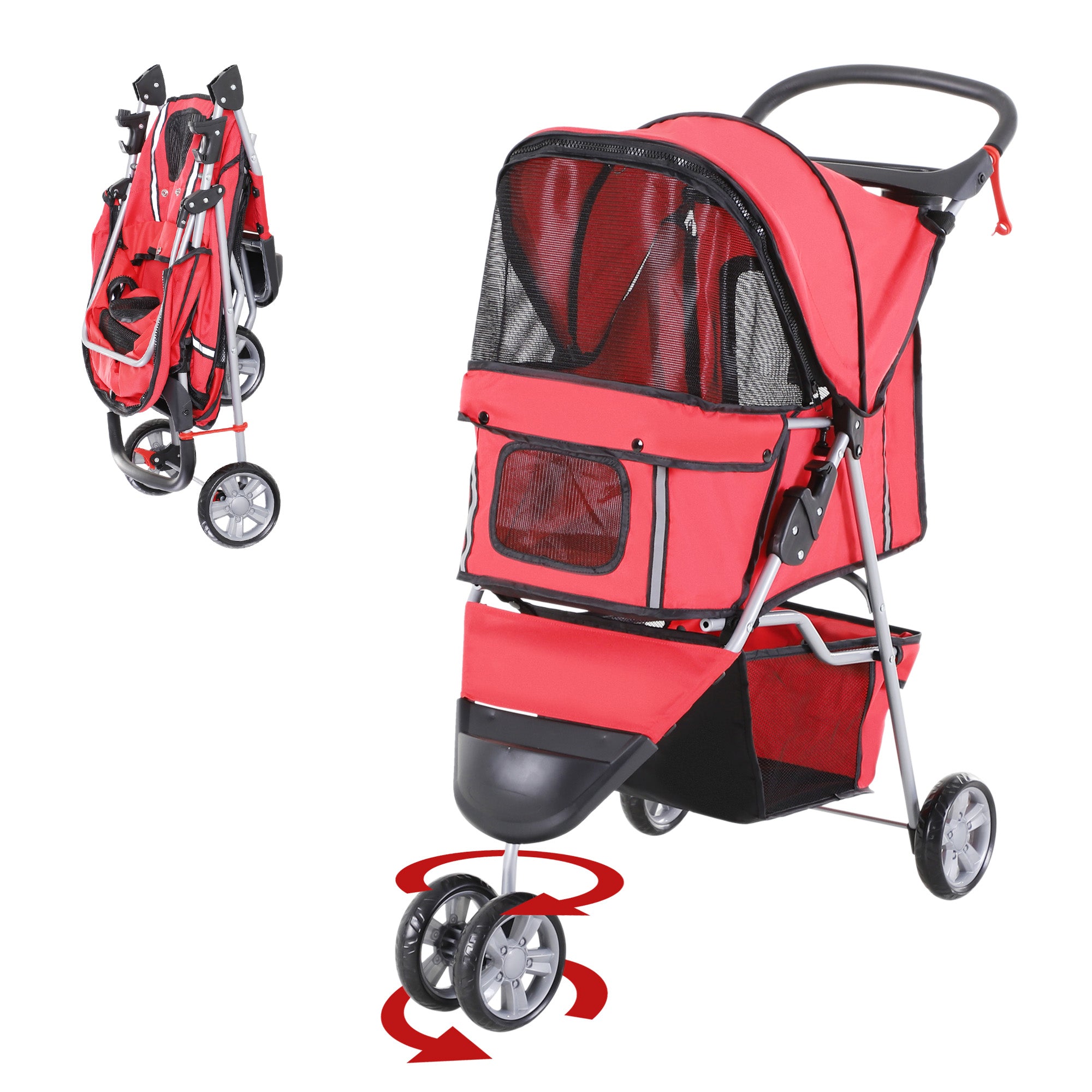 3 Wheels Foldable Dog Stroller with Storage Basket, Adjustable Canopy, Cupholder for Miniature and Small Dogs, Red Dog Bike Trailers & Strollers Red at Gallery Canada