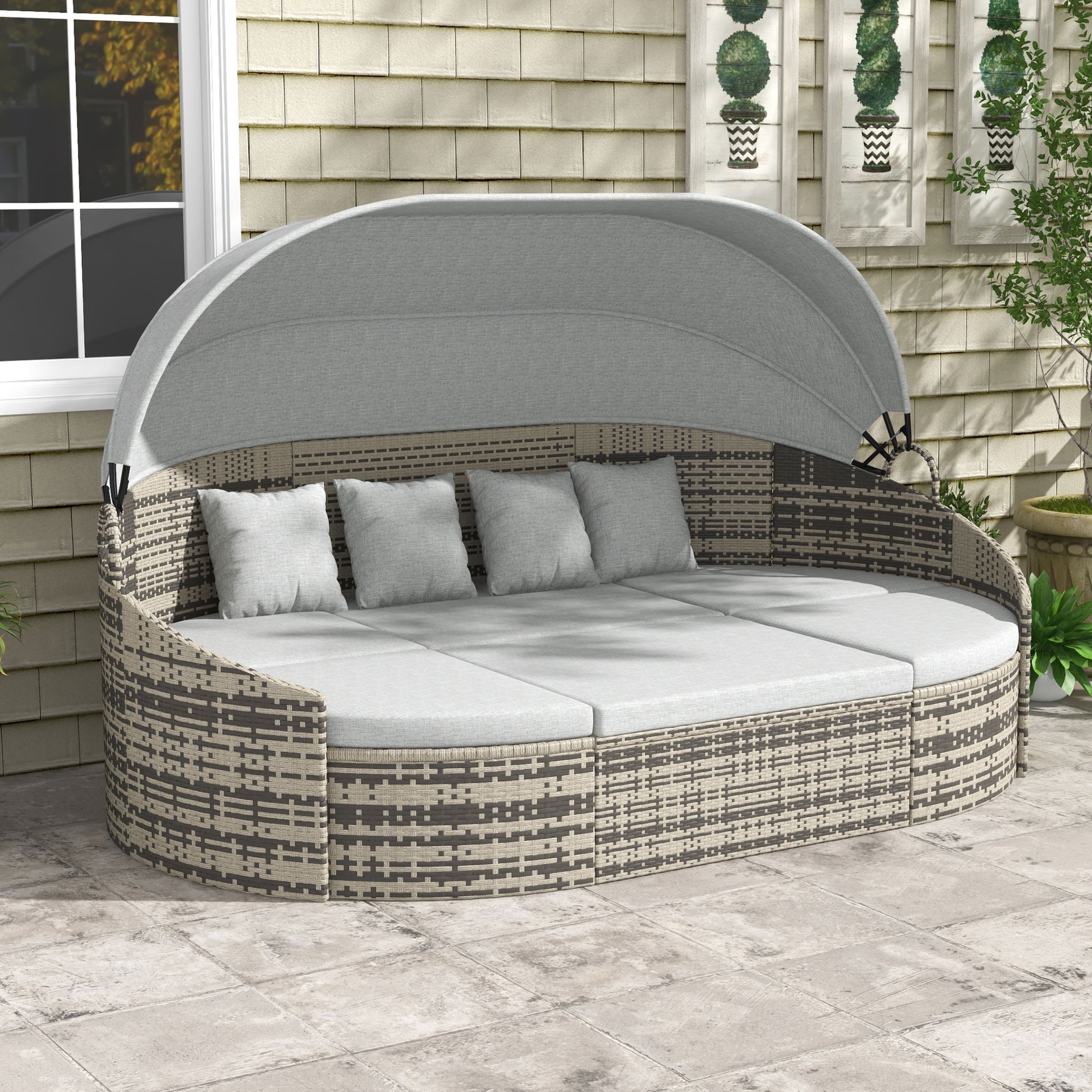 4 Pieces Patio PE Wicker Round Daybed, Outdoor Rattan Garden Lounge Furniture Sets, Light Grey Daybeds   at Gallery Canada