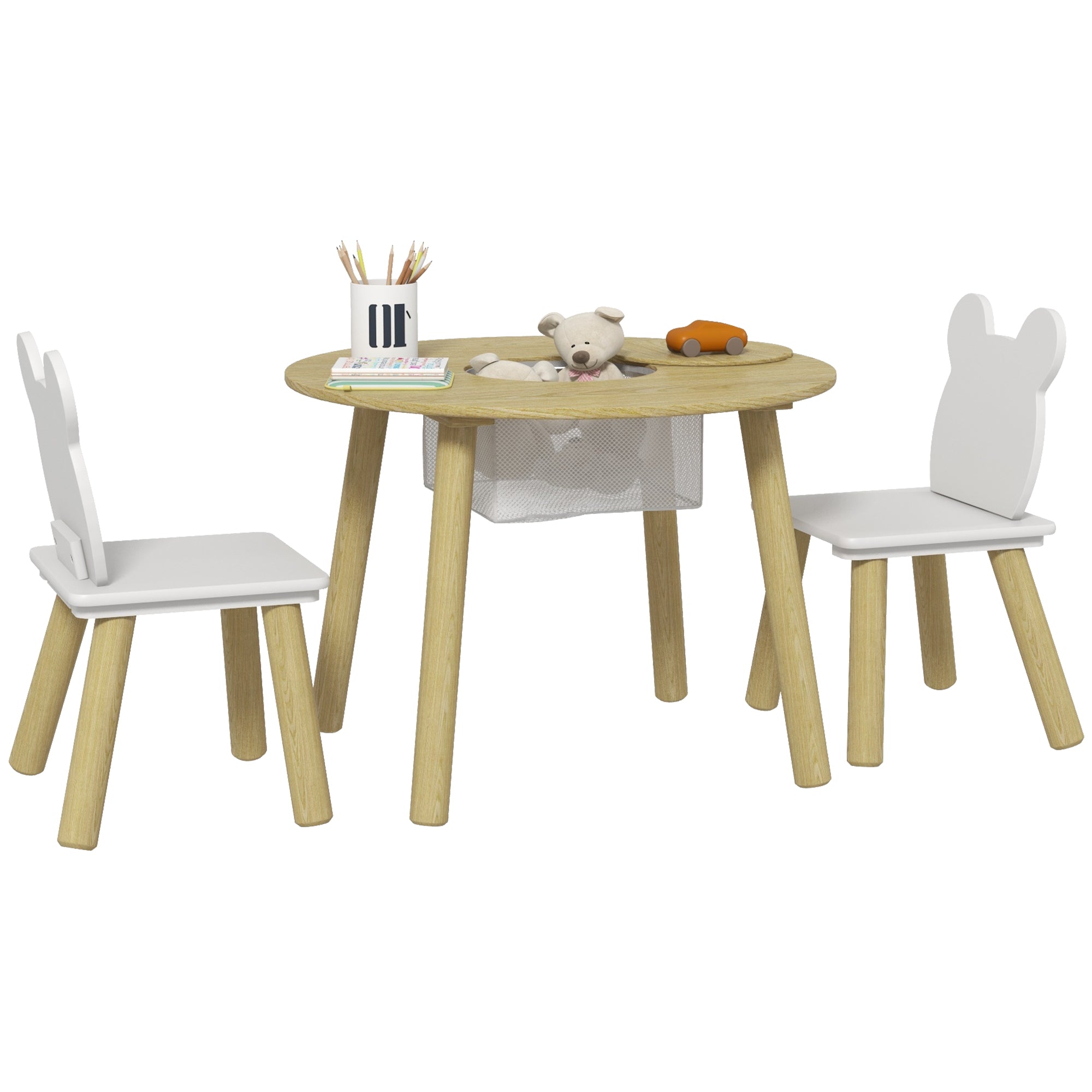 3 Pieces Kids Table and Chair Set, Activity Table and Chair Set with Bear-Shaped Chairs, Mesh Bag Kids Table Sets   at Gallery Canada