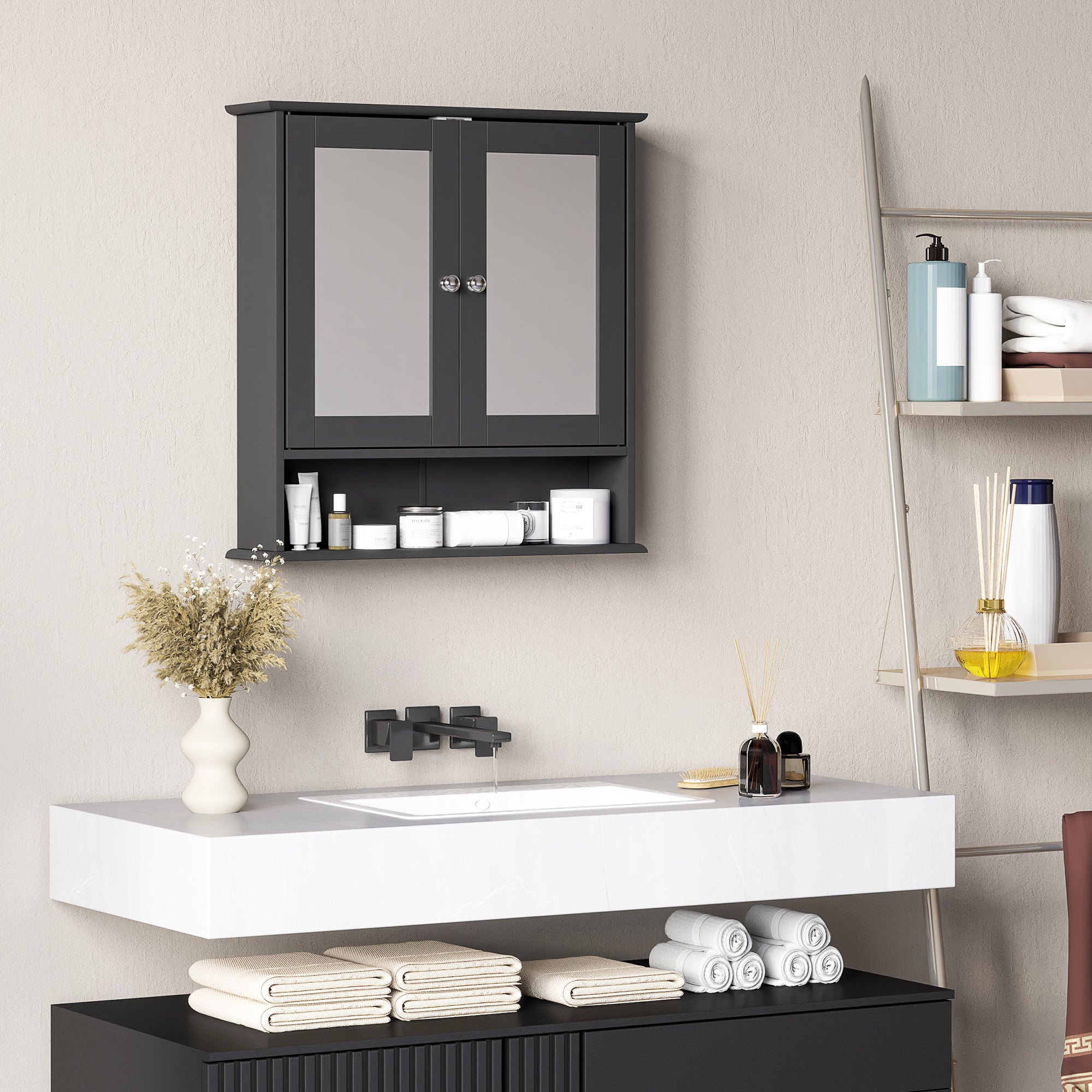 Medicine Cabinet, Wall-Mounted Bathroom Mirror Cabinet with Double Doors, Open Shelf, and Adjustable Shelf, Modern Bathroom Wall Cabinet, Black Mirror Medicine Cabinets at Gallery Canada