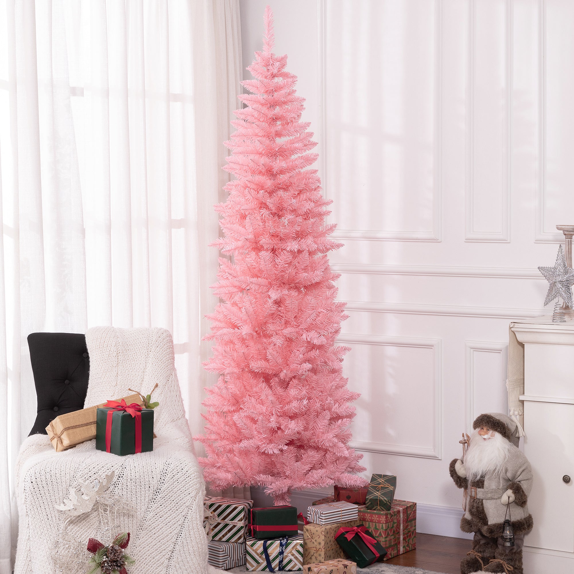 7ft Tall Pencil Artificial Christmas Tree with 687 Branch Tips with Steel Base, Pink Pencil Christmas Trees Pink  at Gallery Canada