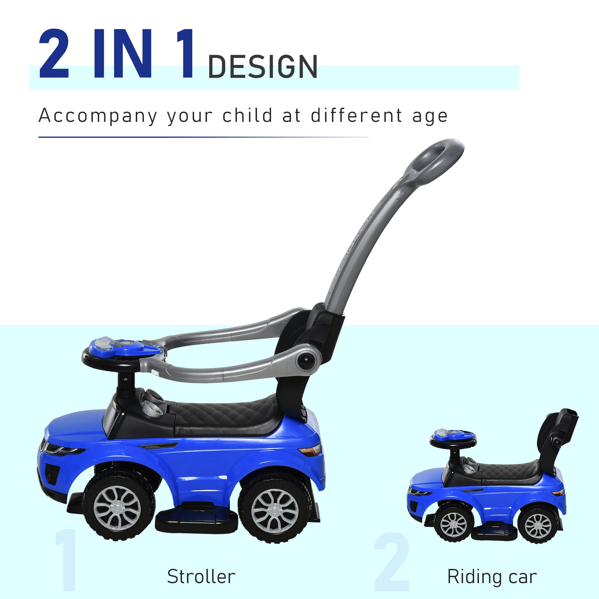 2 In 1 Kid Ride on Push Car Stroller Sliding Ride on Car with Horn Music Light Function Secure Bar Ride on Toy for Boy Girl Toddlers 1-3 Years Old Blue Push Cars for Toddlers at Gallery Canada