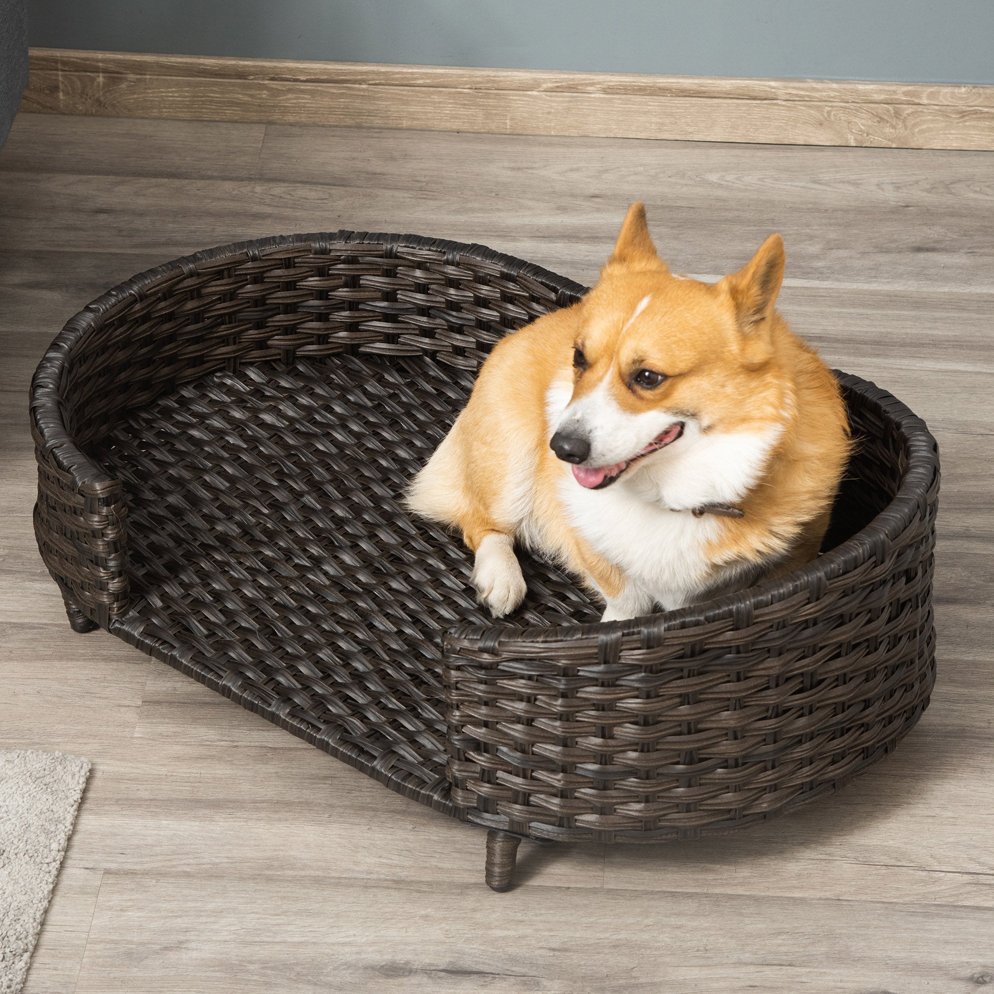 Raised Ratten Dog Bed Sofa, Elevated Wicker Cat Couch Bed with Removable Soft Cushion Washable Cover, for Small &; Medium Dogs, Charcoal Grey Dog Sofas at Gallery Canada