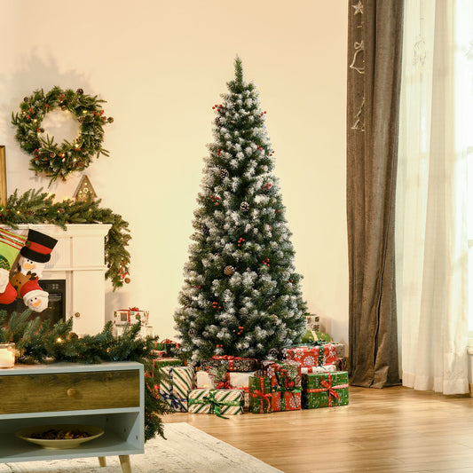 6ft Decorated Christmas Tree with Red Berries and Pine Cones, Flocked Christmas Tree with Pencil Shape, Green Flocked Christmas Trees   at Gallery Canada