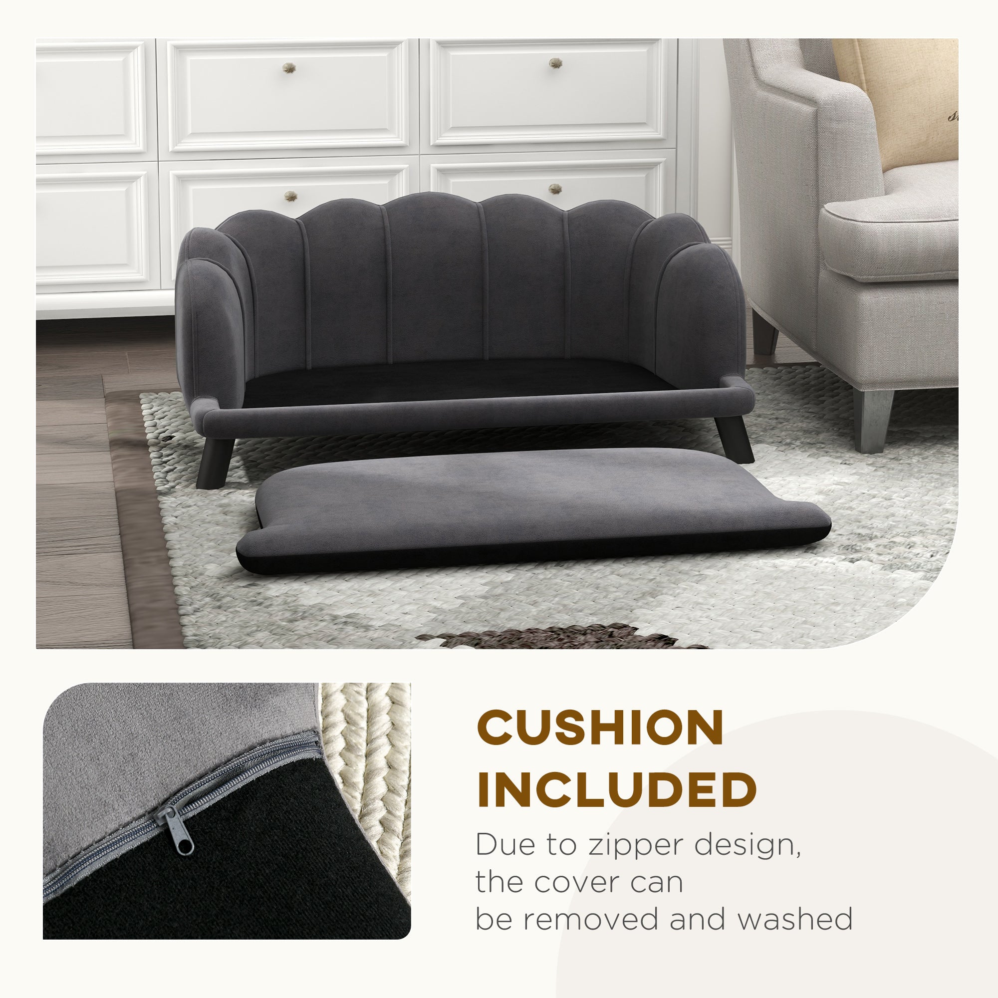 Dog Sofa with Removable Cushion Wood Legs for Medium and Large Dogs, Dark Grey Dog Sofas at Gallery Canada