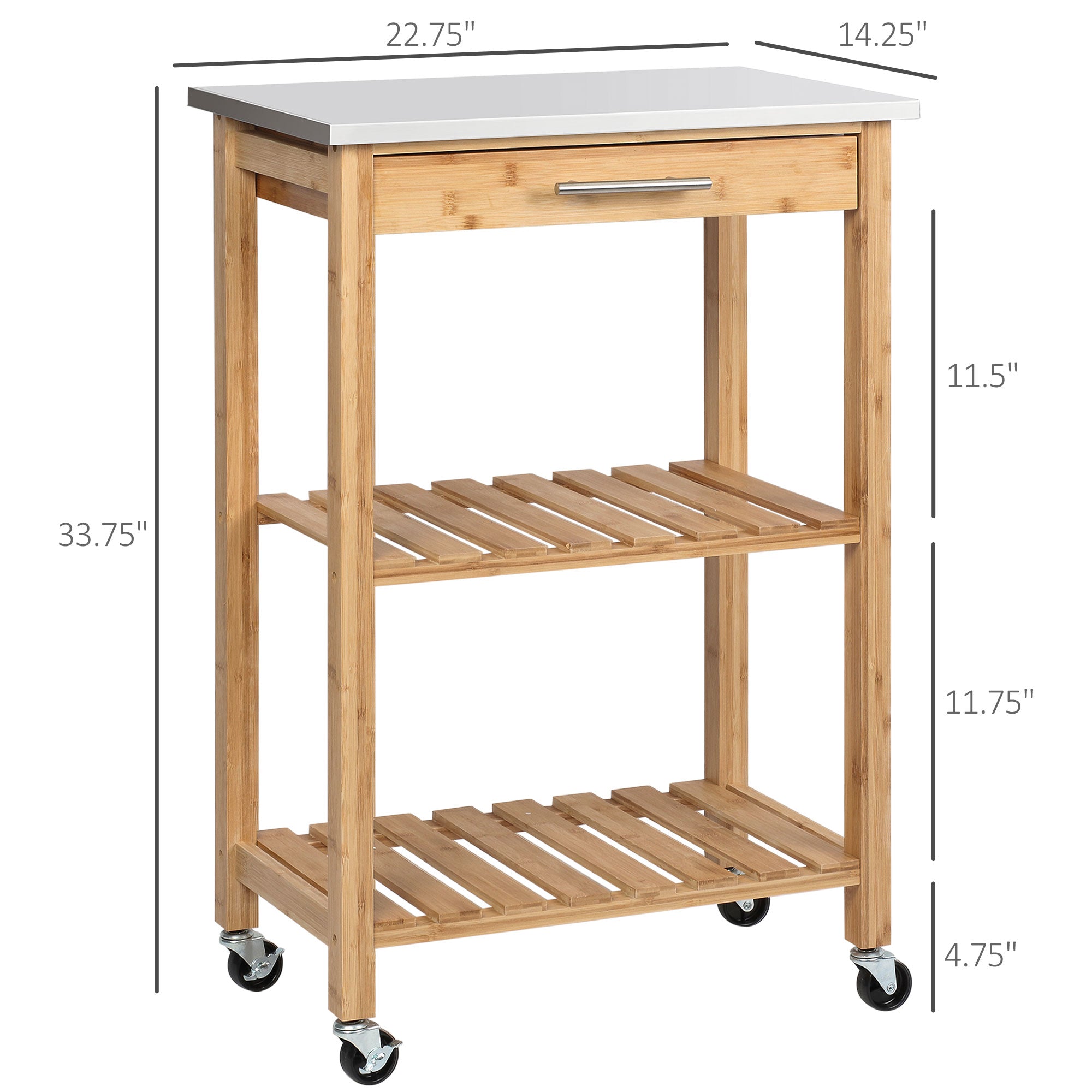 Bamboo Kitchen Cart, Kitchen Island with Stainless Steel Top, Drawer and Slatted Shelves for Dining Room, Natural Kitchen Islands & Kitchen Carts   at Gallery Canada