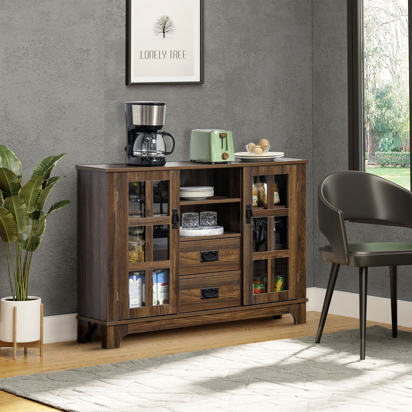 Sideboard Storage Cabinet Kitchen Cupboard Buffet Server with Glass Doors, 2 Drawers &; Adjustable Shelves for Living Room, Walnut Bar Cabinets   at Gallery Canada