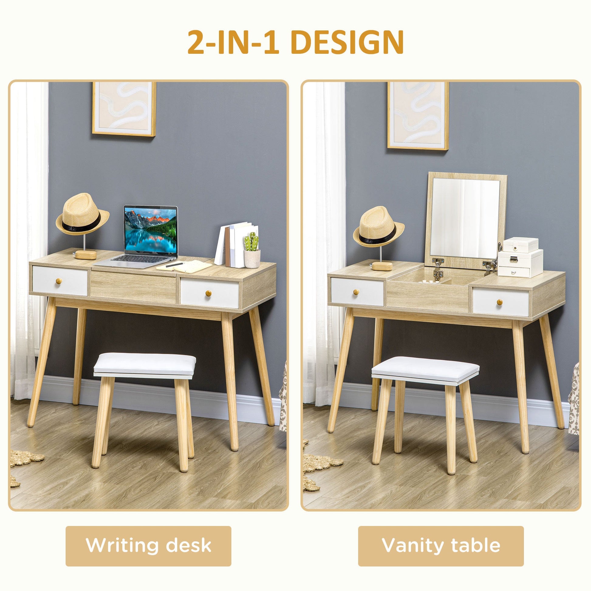 Flip Top Mirror Vanity Set with Cushioned Stool, 2 Drawers, Storage Grids, Natural Dressing & Vanity Tables   at Gallery Canada