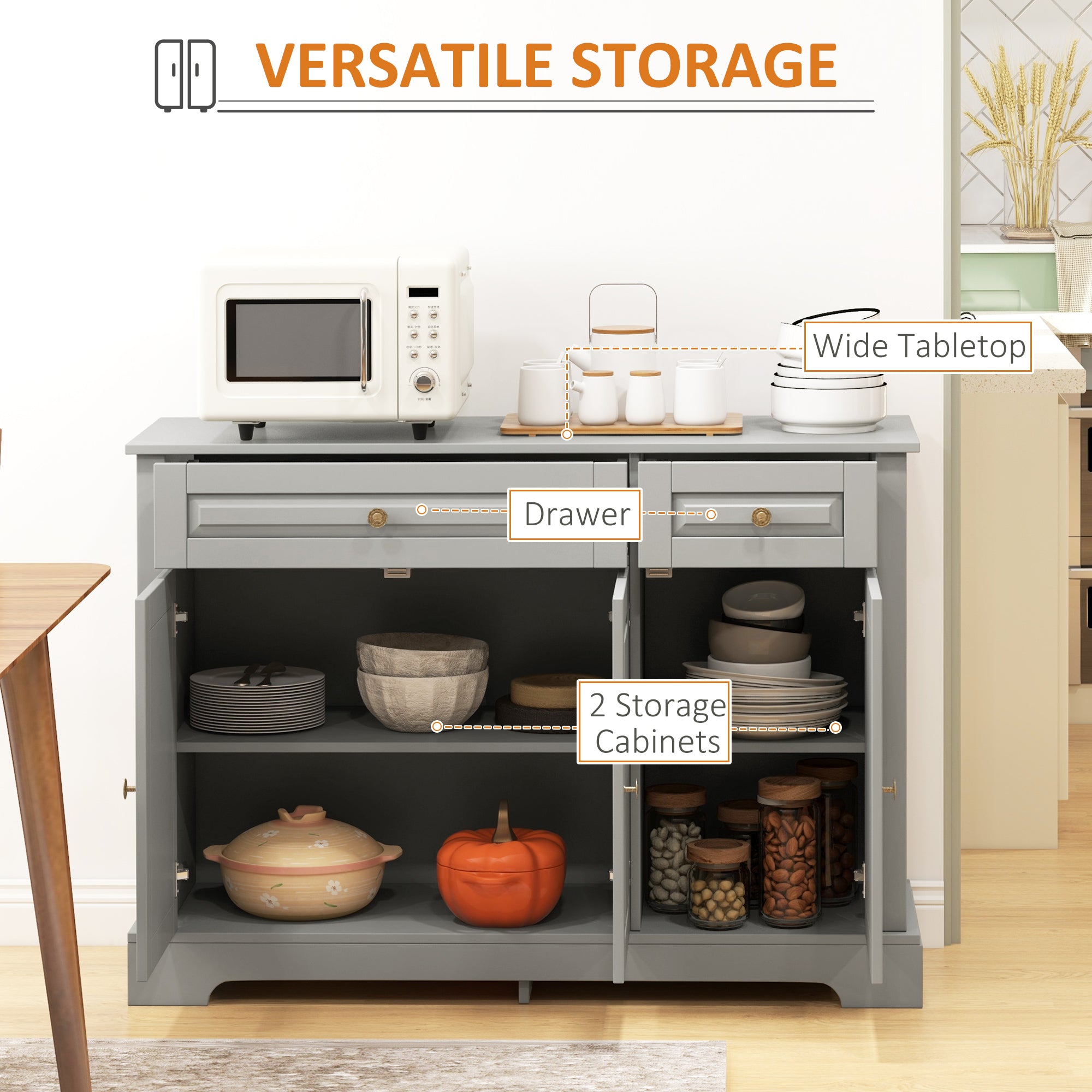 Modern Sideboard Cabinet, Buffet Cabinet with 2 Drawers and Adjustable Shelves, Buffets Tables for Dining Room, Grey Bar Cabinets at Gallery Canada