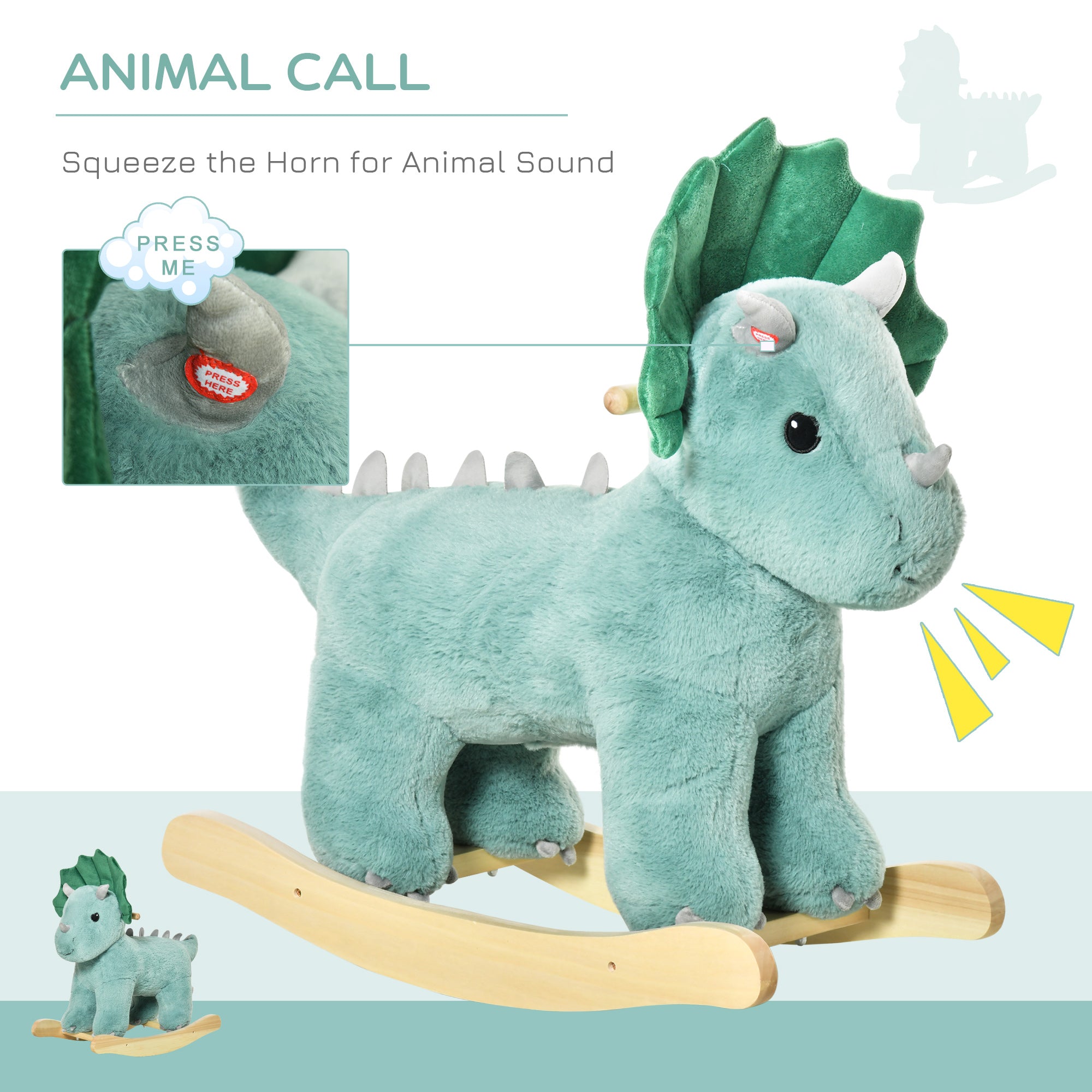 Kids Plush Ride-On Rocking Horse Triceratops-shaped Plush Toy Rocker with Realistic Sounds for Child 36-72 Months Dark Green Rocking Horses at Gallery Canada
