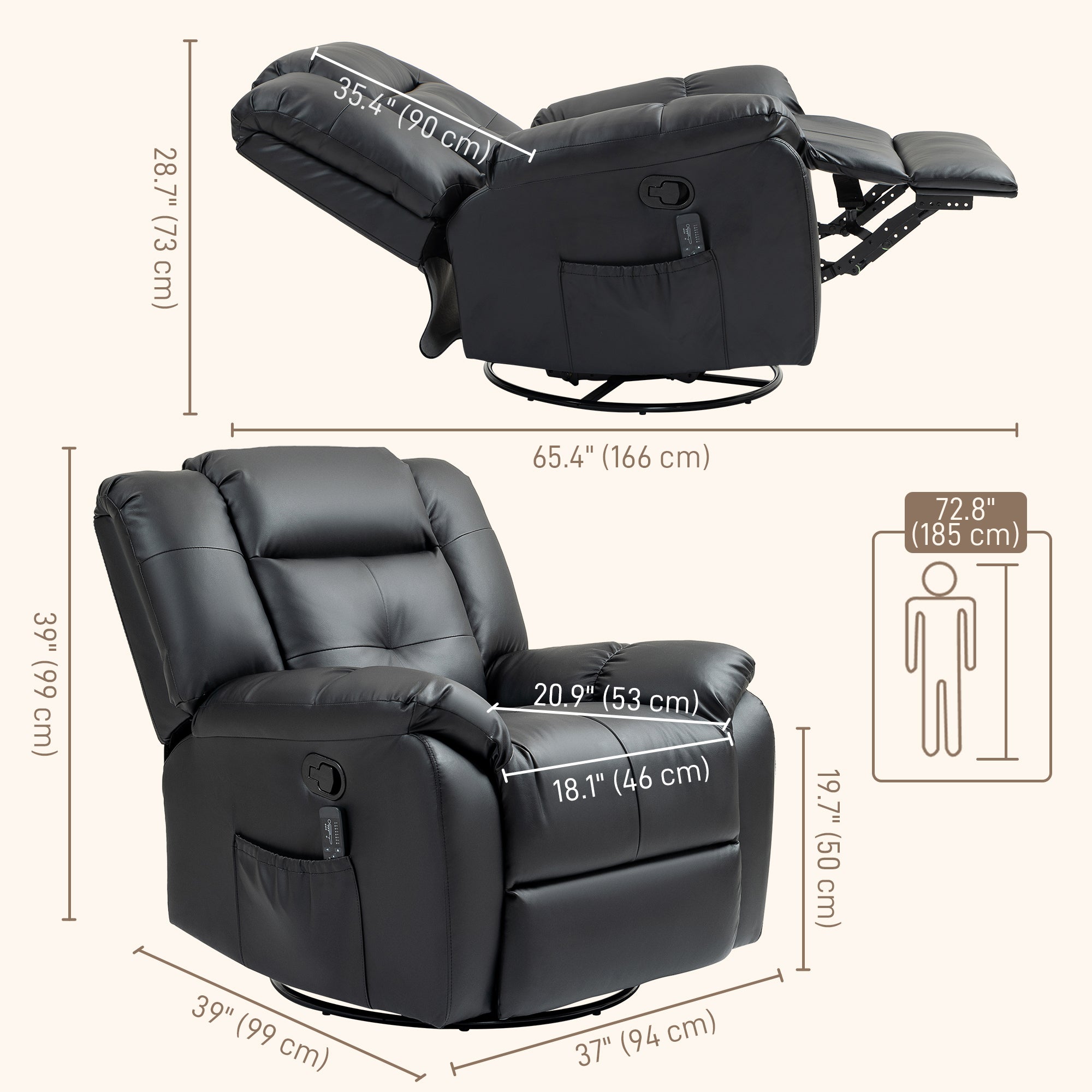 8-Point Vibration Massage Recliner Chair for Living Room, PU Leather Manual Reclining Chair, Swivel Recliner with Remote Control, Rocking Function, Black Single Sofas Black  at Gallery Canada