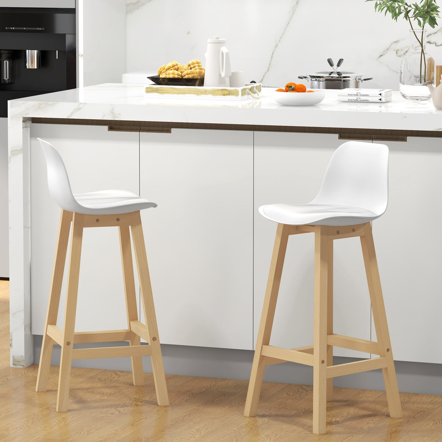 Bar Height Stools Set of 2, PU Leather Upholstered Stools for Kitchen Island, Modern Bar Chairs with Backs, White Bar Stools   at Gallery Canada