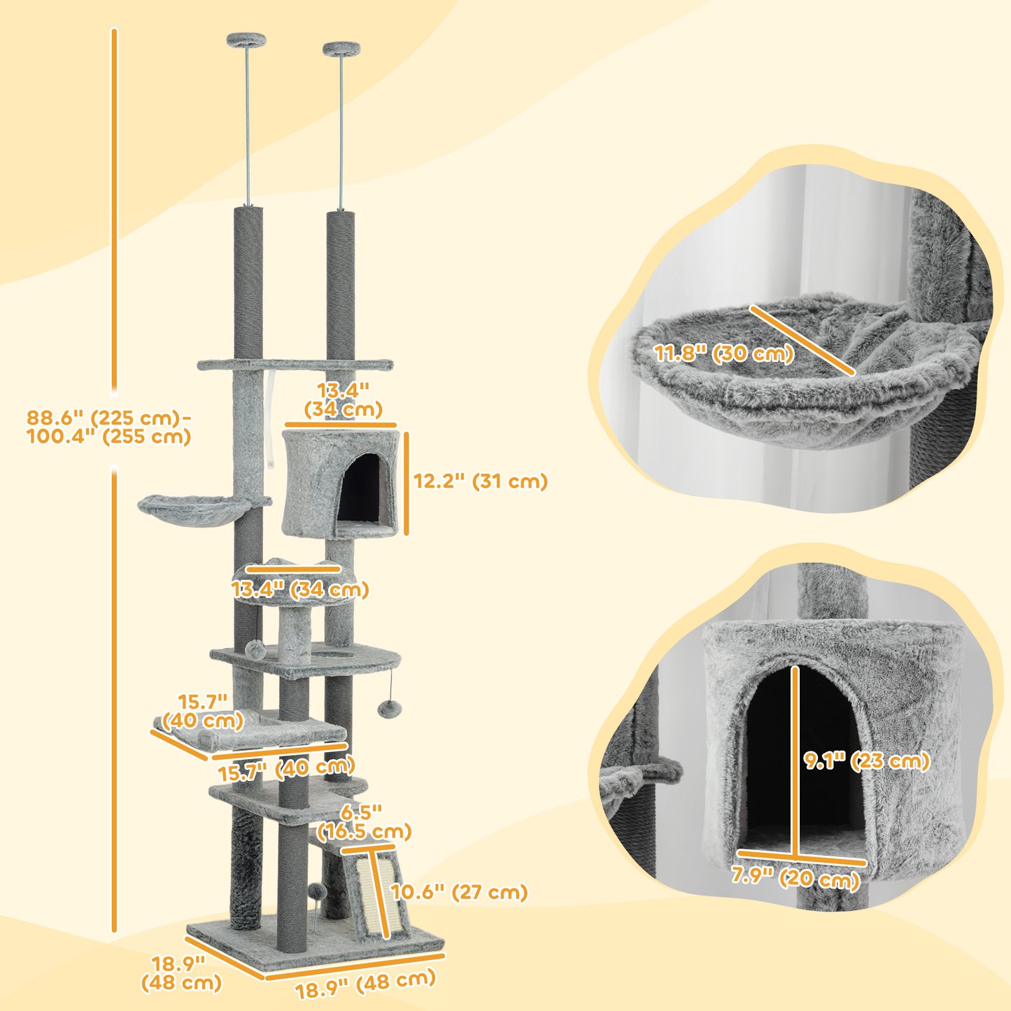 89" -100" Adjustable Height Floor to Ceiling Cat Tree, Multi Levels Cat Climbing Tower with Scratching Posts Floor to Ceiling Cat Trees   at Gallery Canada