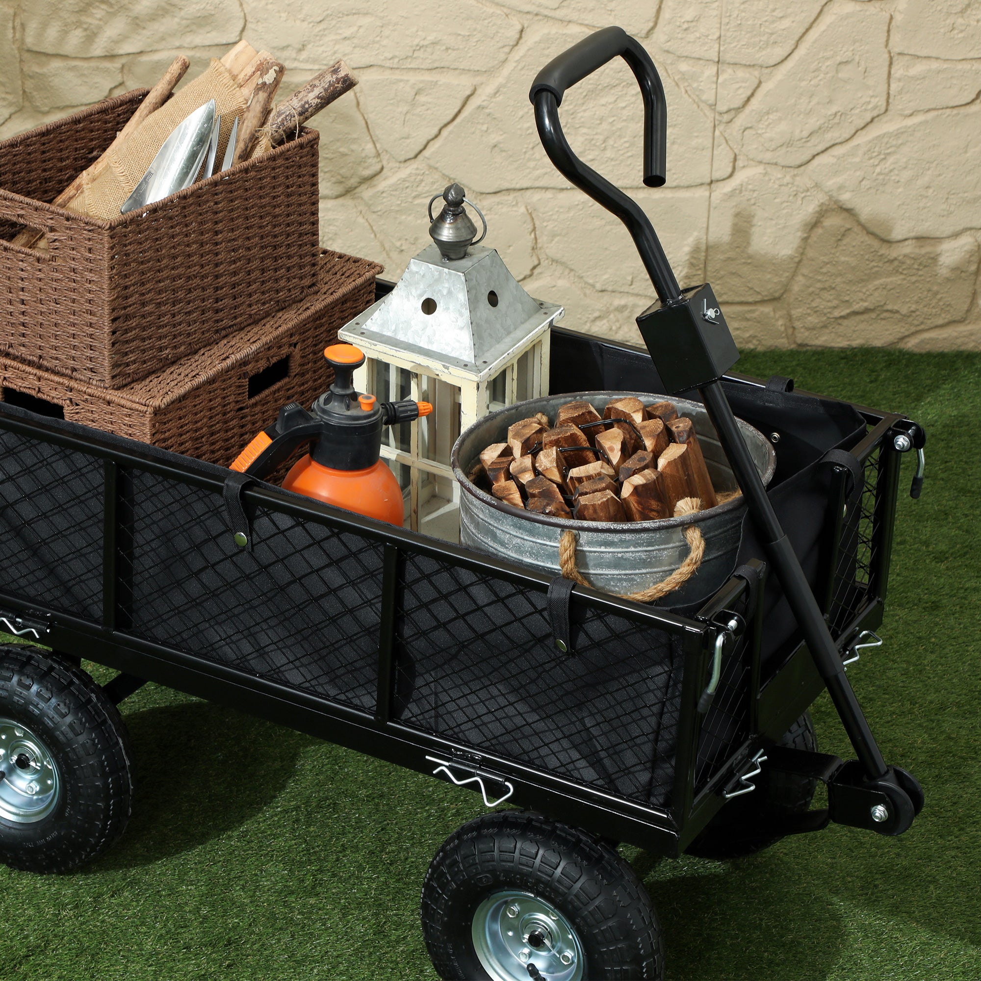 Steel Garden Cart, Utility Wagon Cart with Removable Liner, Quick-Release Sides, 10