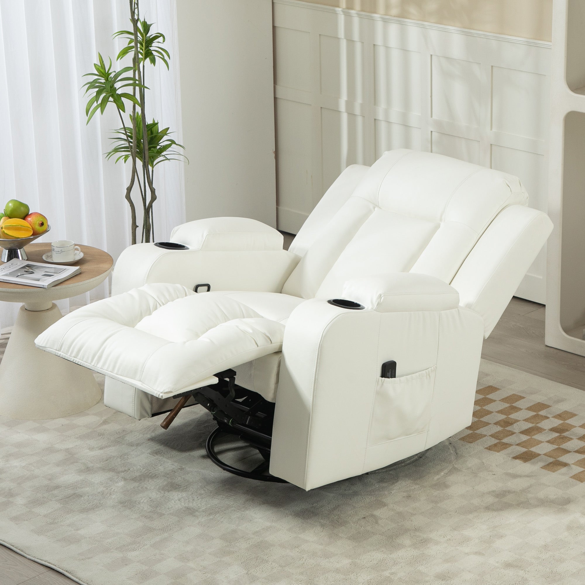 Massage Recliner Chair for Living Room with 8 Vibration, Overstuffed PU Leather Manual Reclining Chair with Wide Seat, Cup Holders, 360° Swivel, Rocking, Cream White Single Sofas at Gallery Canada