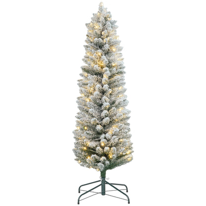 5ft Artificial Prelit Christmas Tree with Warm White LED Light, Snow Flocked Branches, Metal Base, Pencil Xmas Tree Pre Lit Christmas Trees   at Gallery Canada