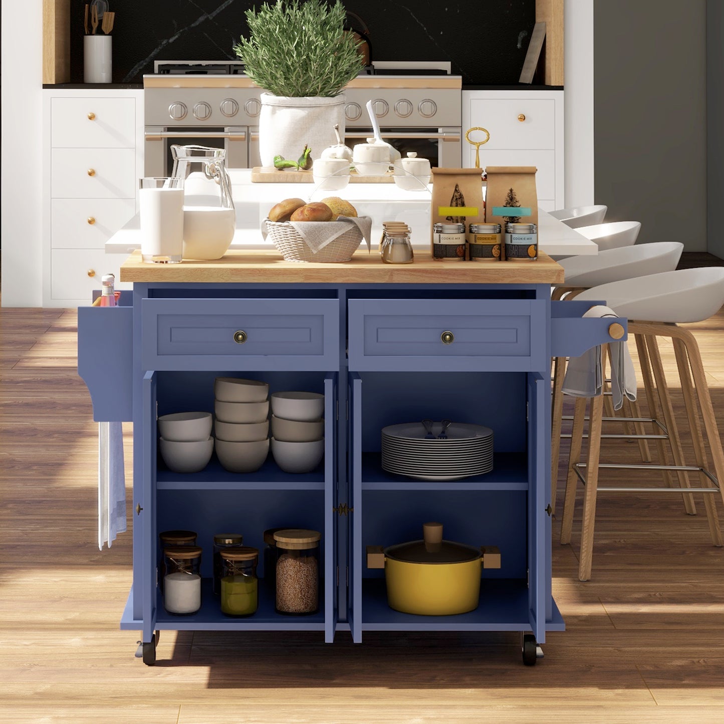 Kitchen Island with Storage, Rolling Trolley Cart with Rubber Wood Top, Spice Rack, Towel Rack, Navy Blue Kitchen Islands & Kitchen Carts   at Gallery Canada