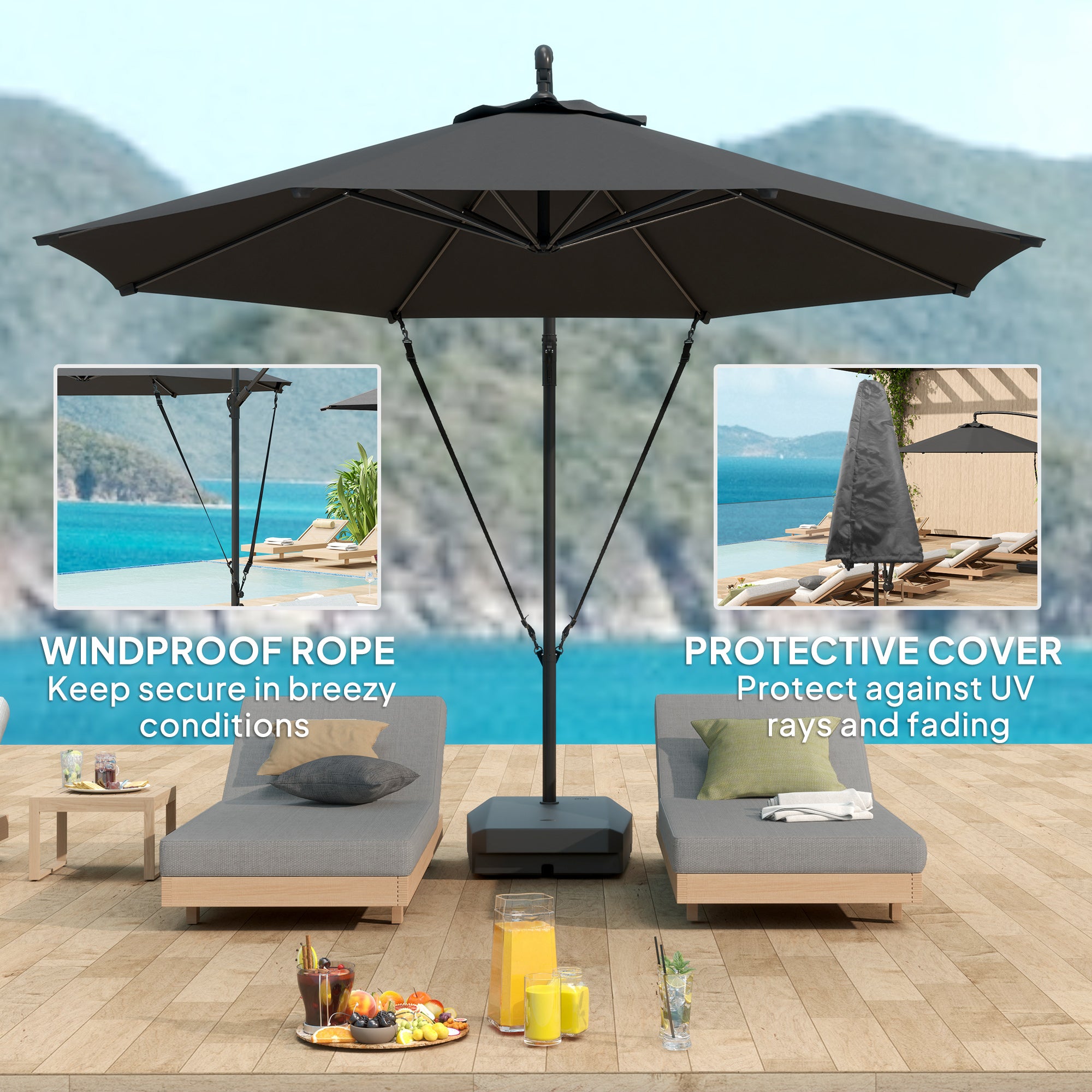 10FT Cantilever Umbrella with Fillable Base, Wind Strap and Cover, Offset Hanging Umbrella with Crank, UPF50+, Grey Offset Cantilever Umbrellas at Gallery Canada