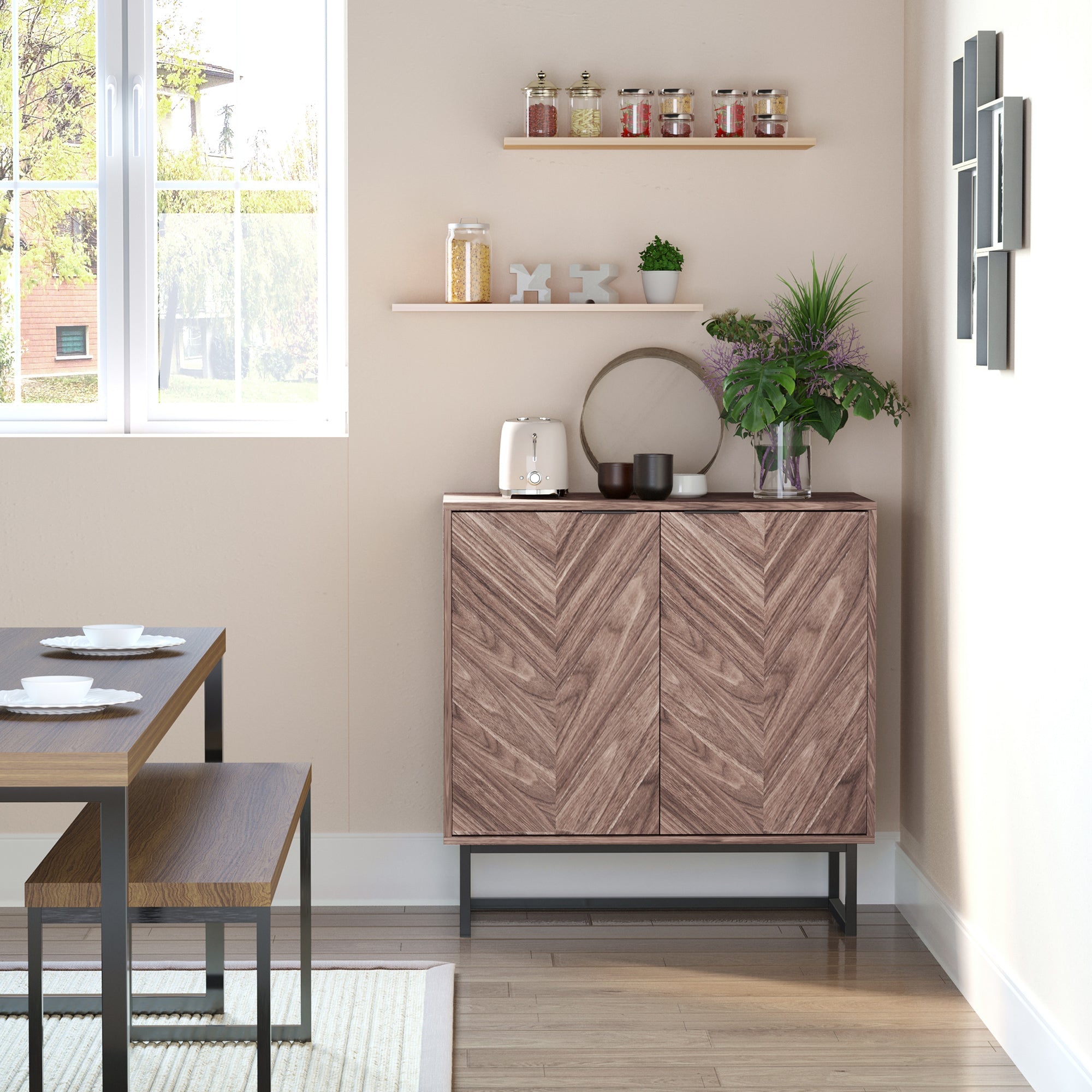 Vintage Storage Cabinet, Kitchen Cabinet with Adjustable Shelf and Metal Frame, Cupboard Organization, Walnut Storage Cabinets   at Gallery Canada