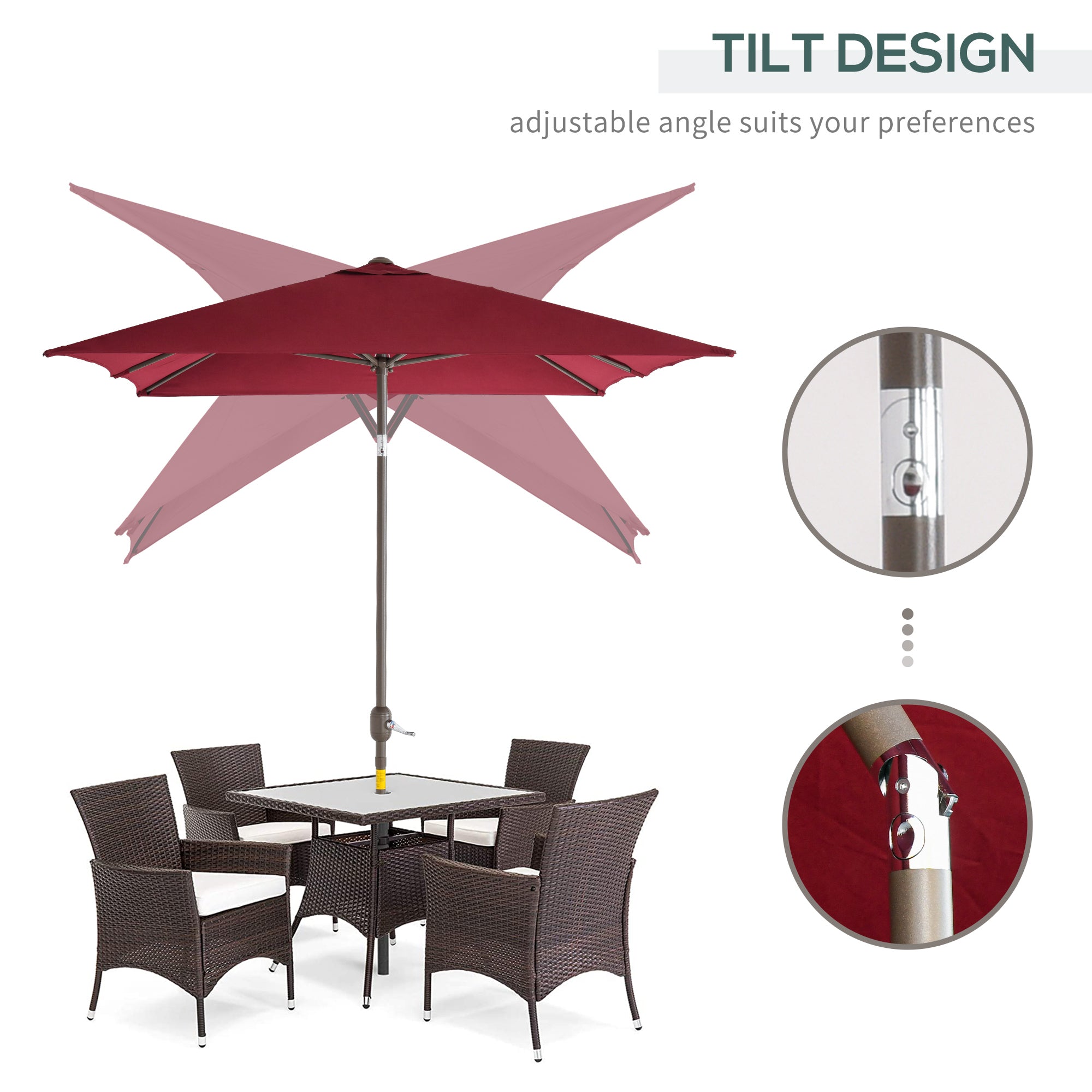 6.5x10ft Patio Umbrella, Rectangle Market Umbrella with Aluminum Frame and Crank Handle, Garden Parasol Outdoor Sunshade Canopy, Wine Red Sun Umbrellas   at Gallery Canada