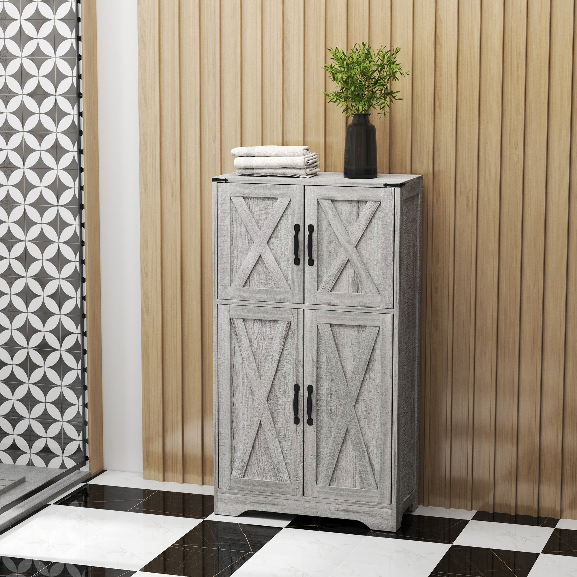 Farmhouse Kitchen Pantry, Freestanding Kitchen Pantry Storage Cabinet with Barn Doors and Adjustable Shelves, Grey Kitchen Pantry Cabinets at Gallery Canada