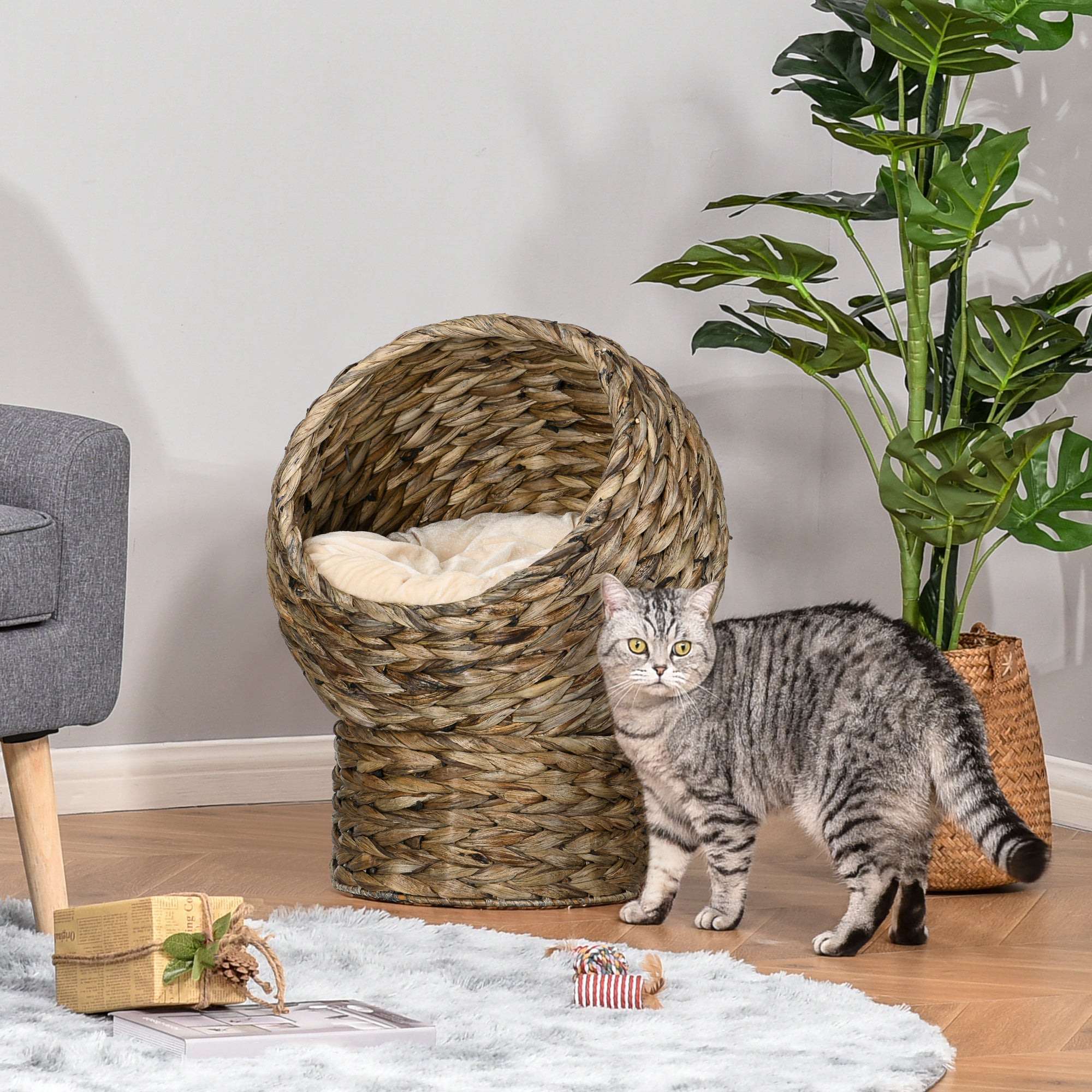 Wicker Cat Bed with Cushion, Stand, for Indoor Cats, Grey Cat Houses at Gallery Canada
