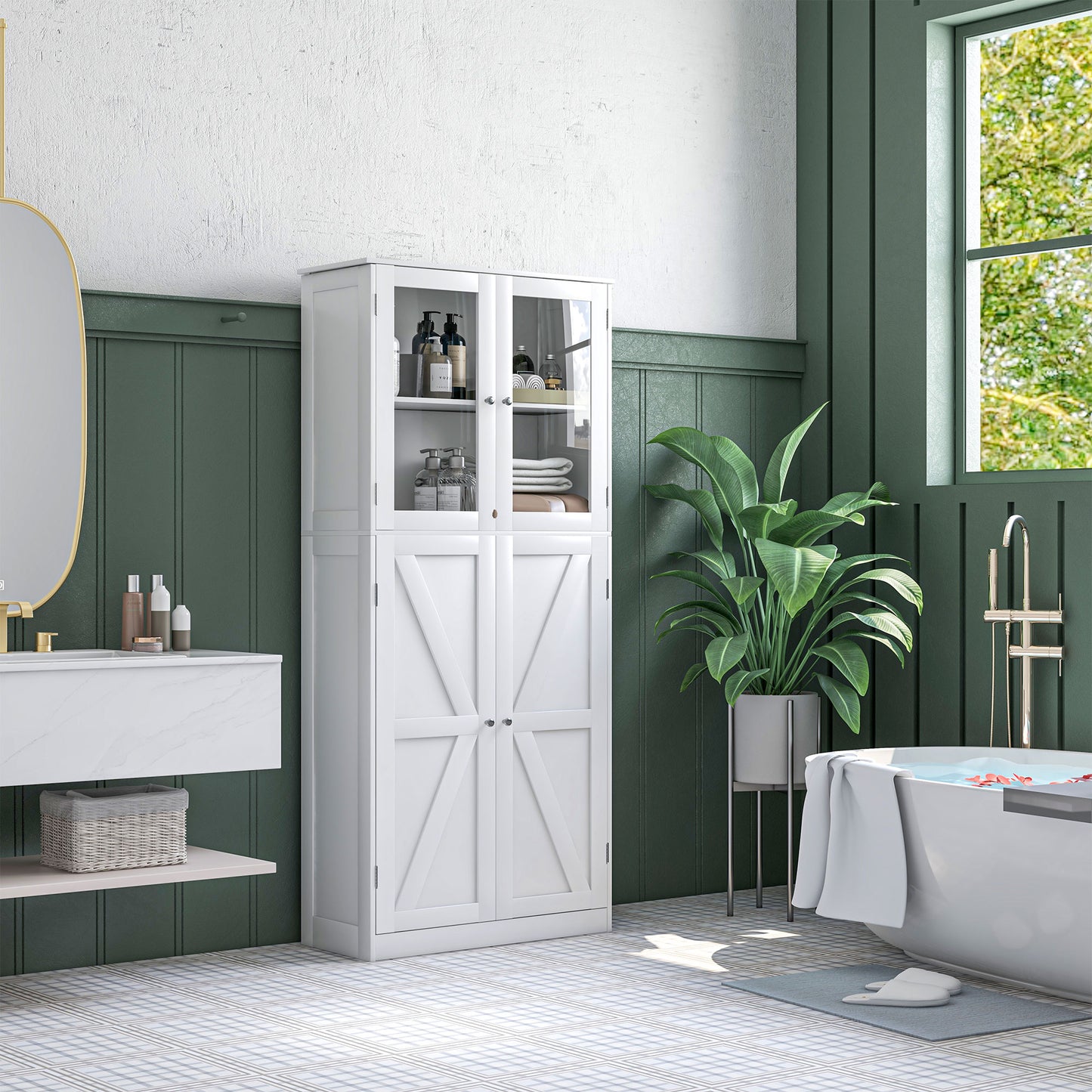 Tall Bathroom Storage Cabinet, Modern Bathroom Cabinet with Glass and Barn Doors, 5-Tier Floor Cabinet, White Bathroom Cabinets   at Gallery Canada