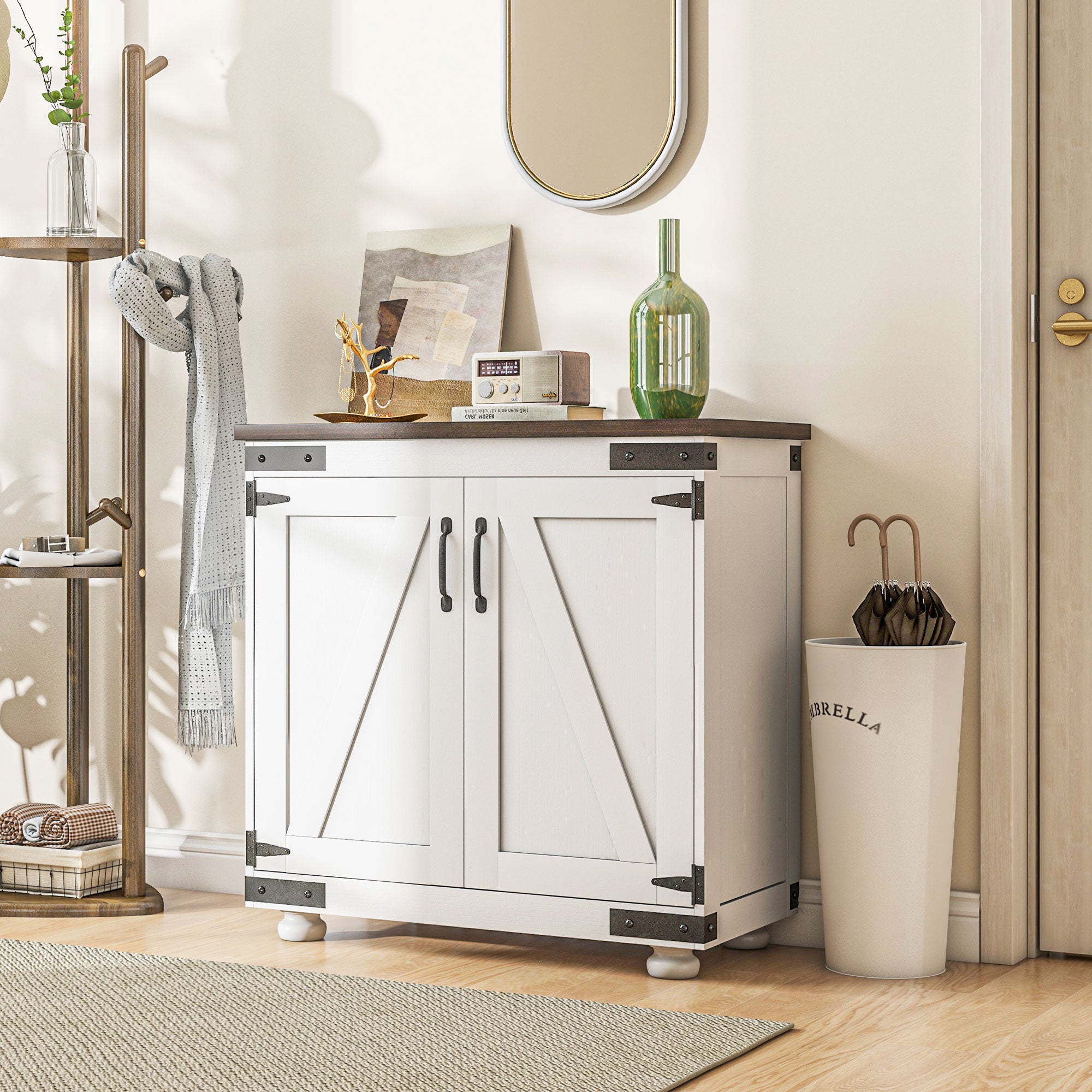 Sideboard Buffet, Kitchen Storage Cabinet with Barn Door and Adjustable Shelves, White and Brown Storage Cabinets   at Gallery Canada