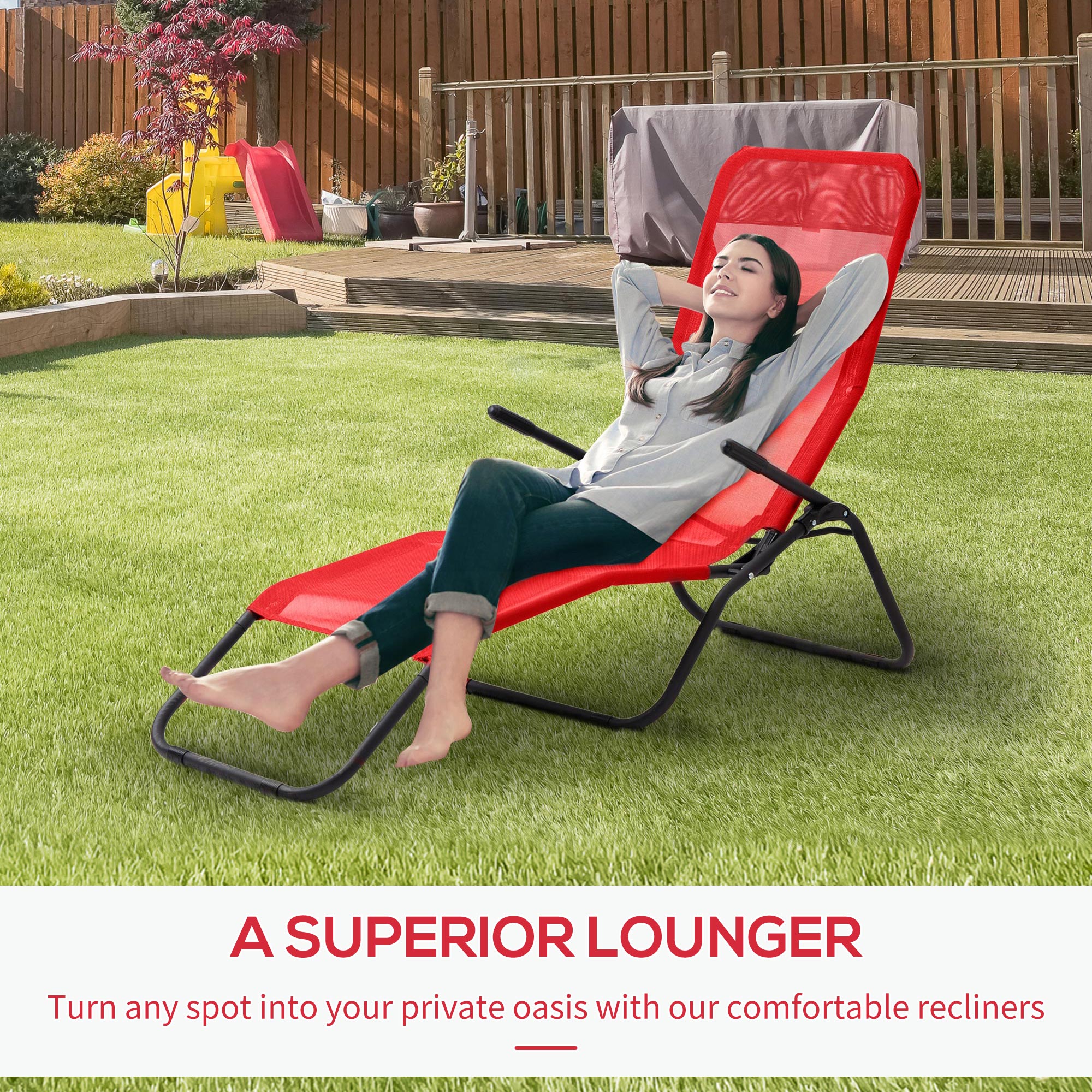 Foldable Patio Lounge Chair, Outdoor Beach Lounger with Breathable Mesh Fabric, Zero Gravity Chair with Reclining, Footrests, and Armrests, for Garden, Pool, Red Lounger Chairs at Gallery Canada