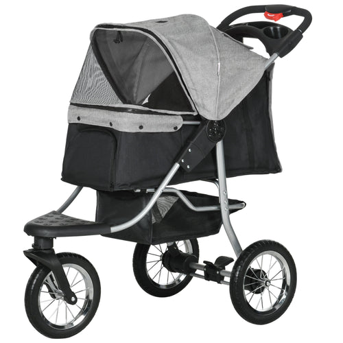 Pet Stroller with 3 Wheels, One-click Folding Design, Adjustable Canopy, Zippered Mesh Window Door, Grey