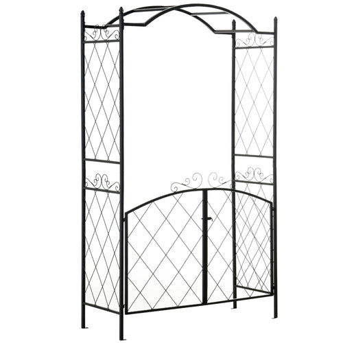 7FT Metal Garden Arch with Gate Climbing Planter Frame Backyard Decor for Vines Morning Glory Black