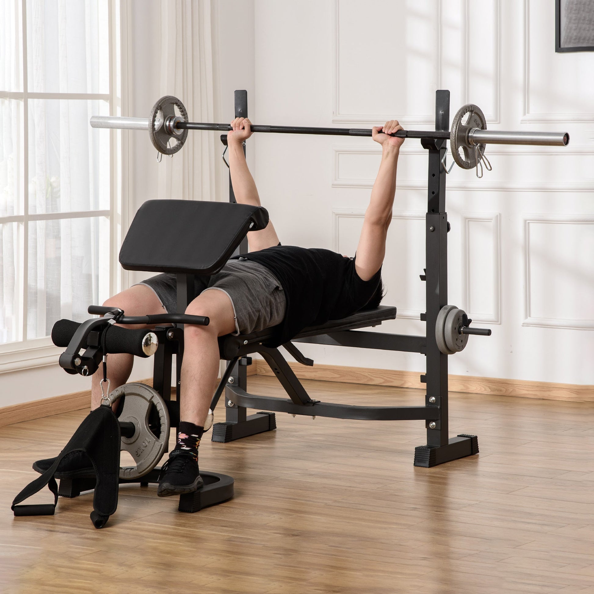 Weight Bench Stand with Squat Rack, Adjustable Olympic Bench, Multifunctional Arm Curl Pad, Leg Extension, Grey Weight Benches   at Gallery Canada