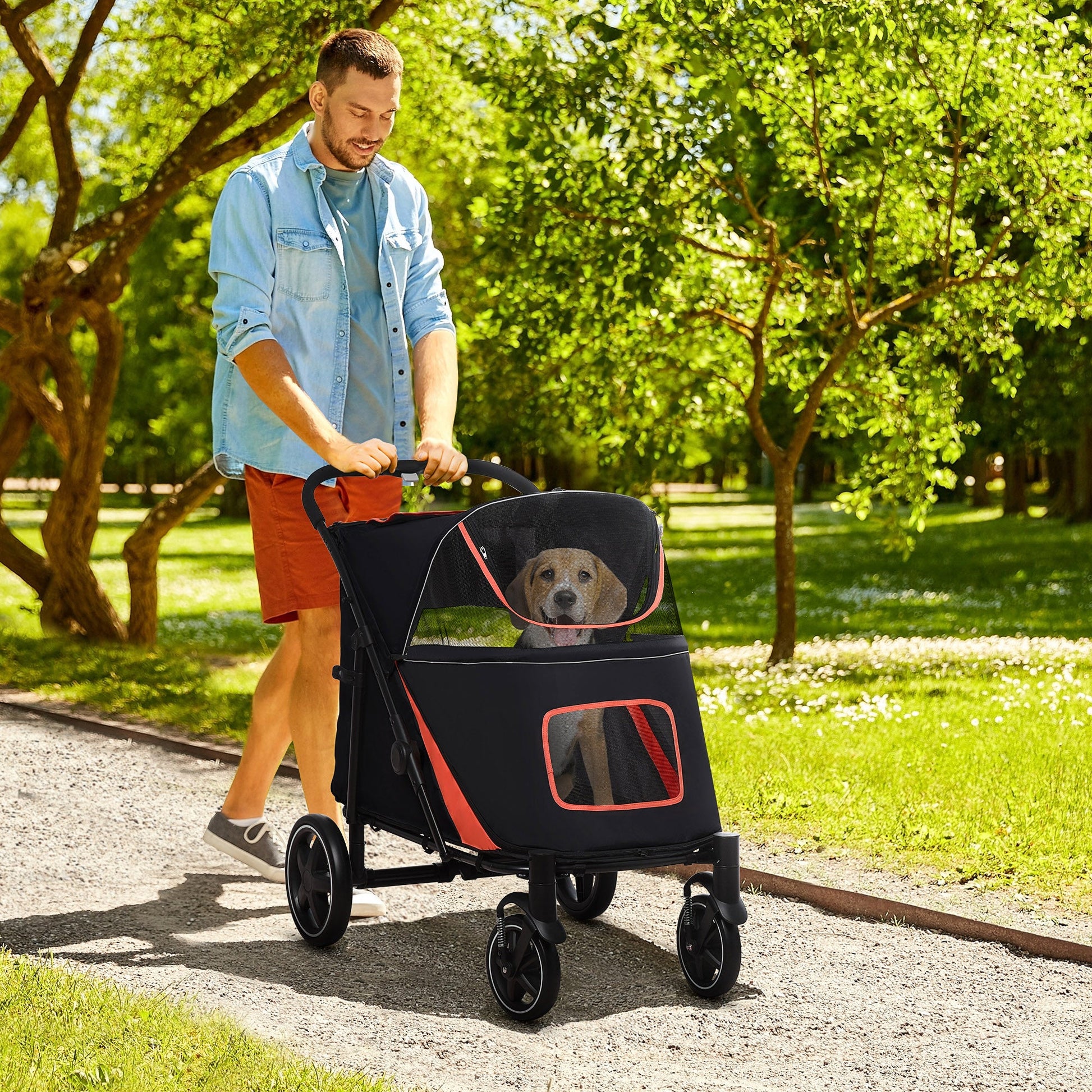 Foldable Pet Stroller with Shock Absorber, Brakes, Storage, Safety Leash, Black Dog Bike Trailers & Strollers   at Gallery Canada