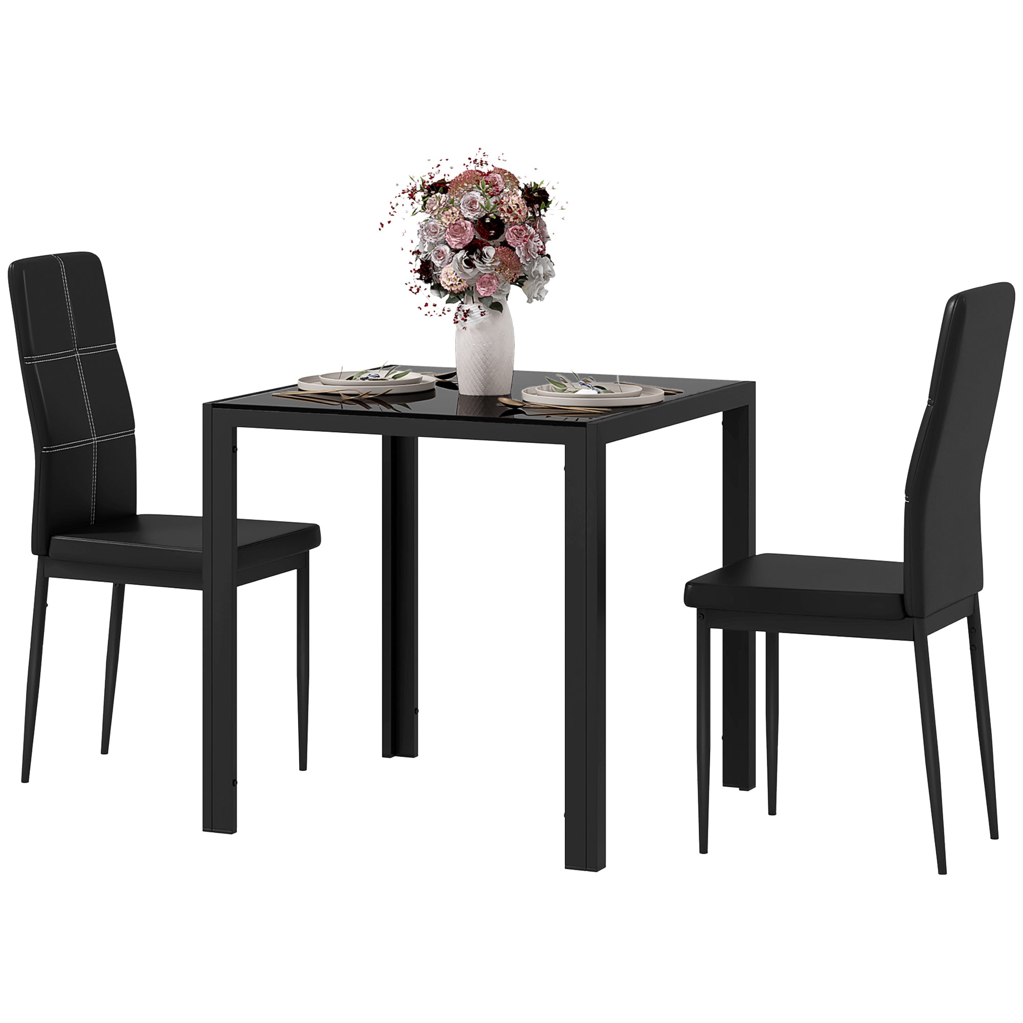 3-Piece Rectangular Glass Kitchen Table and Chairs with Metal Frame and Faux Leather Upholstery for Dining Room, Black Bar Sets   at Gallery Canada