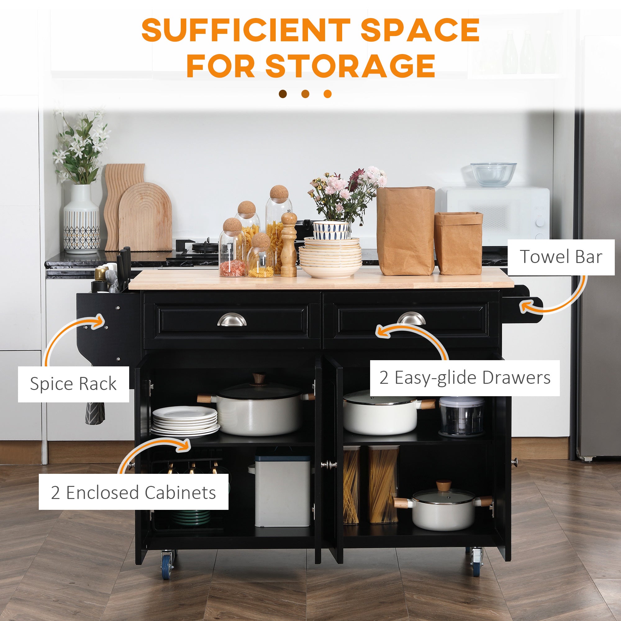 Kitchen Island with Storage, Rolling Kitchen Island with Drop Leaf, Rubber Wood Top and Adjustable Shelves, Black Kitchen Islands & Kitchen Carts at Gallery Canada