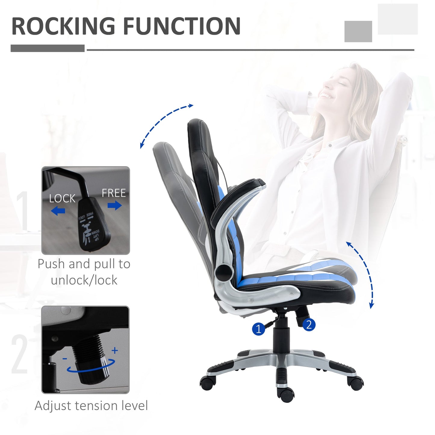 Racing Gaming Chair PU Leather Office Chair Executive Computer Desk Chair with Adjustable Height, Flip Up Armrest, Swivel Wheels, Blue Video Game Chairs   at Gallery Canada