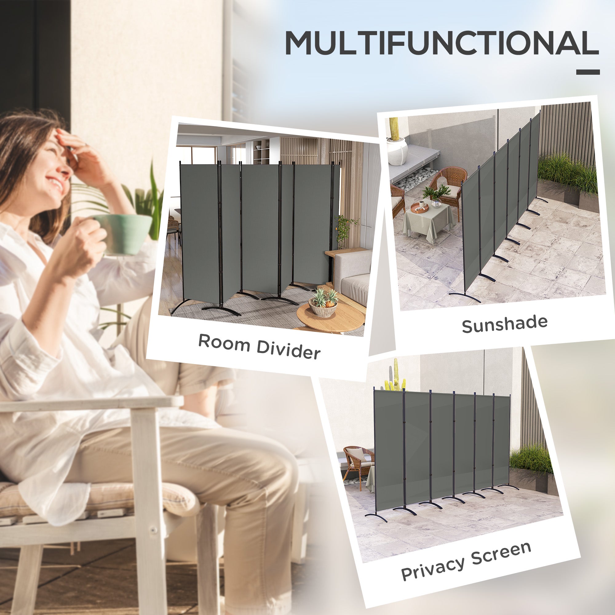 6 Panel Folding Room Divider, UV30+ Privacy Screen, Indoor Outdoor Privacy Panel with Stable Base, Dark Grey Side Awnings at Gallery Canada