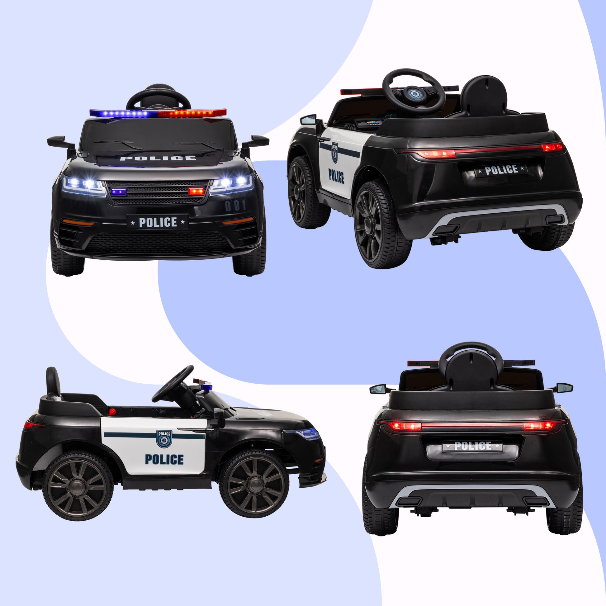 12V Kids Electric Police Car w/ Remote Control, Spring Suspension, Training Wheel, Siren, Music, Light, Horn, Black Electric Toy Cars   at Gallery Canada