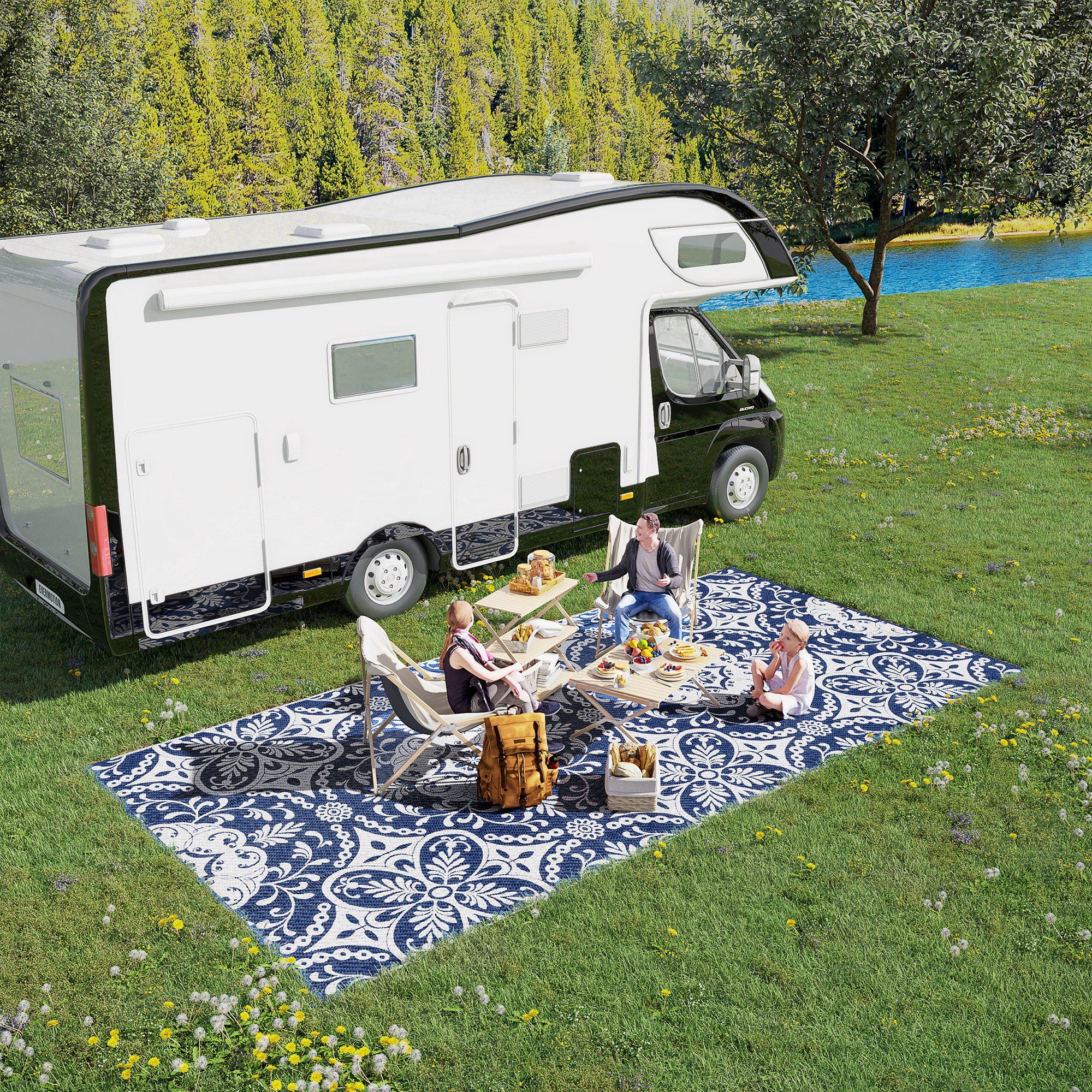 Portable Outdoor Rug with Carry Bag, 9' x 18' Reversible Mat, Waterproof Plastic Straw RV Rug for Backyard, Deck, Picnic, Beach, Camping, Blue &; White Flower Outdoor Reversible Rugs at Gallery Canada