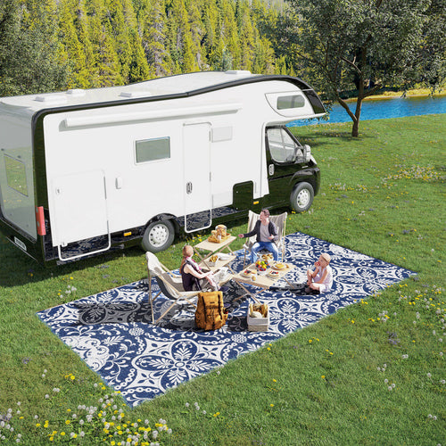 Portable Outdoor Rug with Carry Bag, 9' x 18' Reversible Mat, Waterproof Plastic Straw RV Rug for Backyard, Deck, Picnic, Beach, Camping, Blue &; White Flower