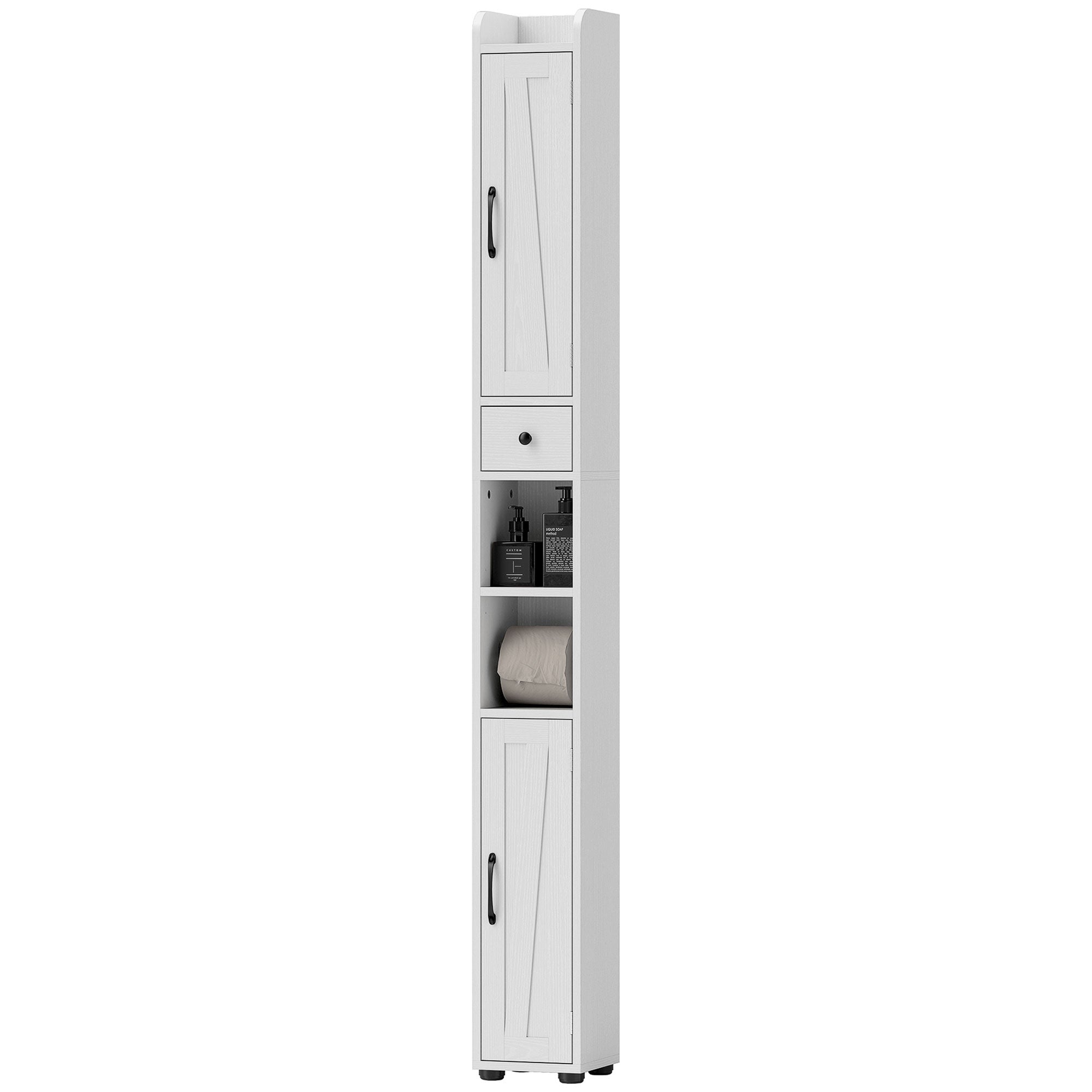Narrow Bathroom Cabinet, Tall Bathroom Storage Cabinet with Barn Doors, Drawer and Adjustable Shelves, White Wood Grain Bathroom Cabinets White Wood Grain at Gallery Canada
