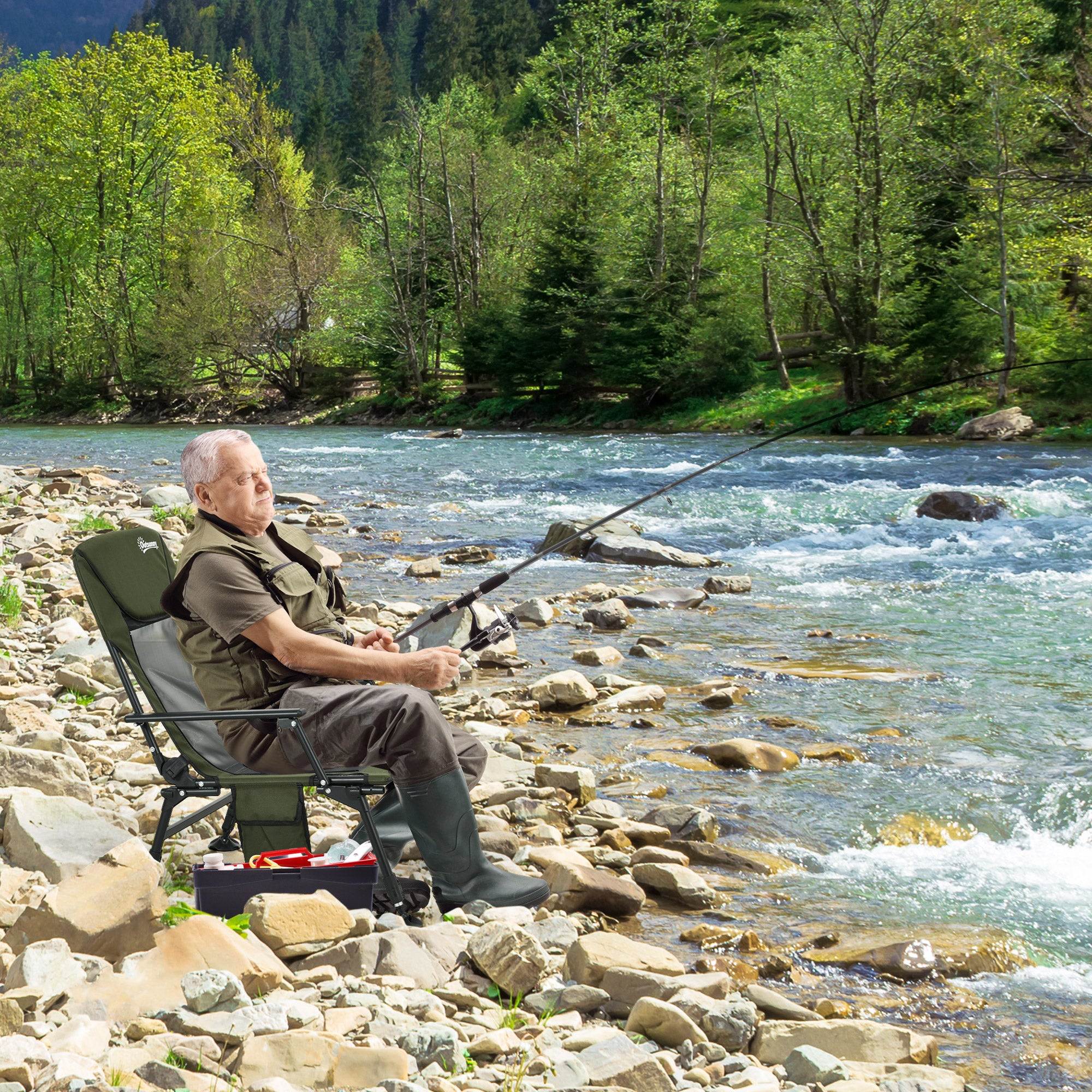 Folding Fishing Chair, 330 lb Heavy Duty Camping Chair with Reclining Backrest, Footrest, Adjustable Legs, Dark Green Picnic Tables & Camping Chairs   at Gallery Canada