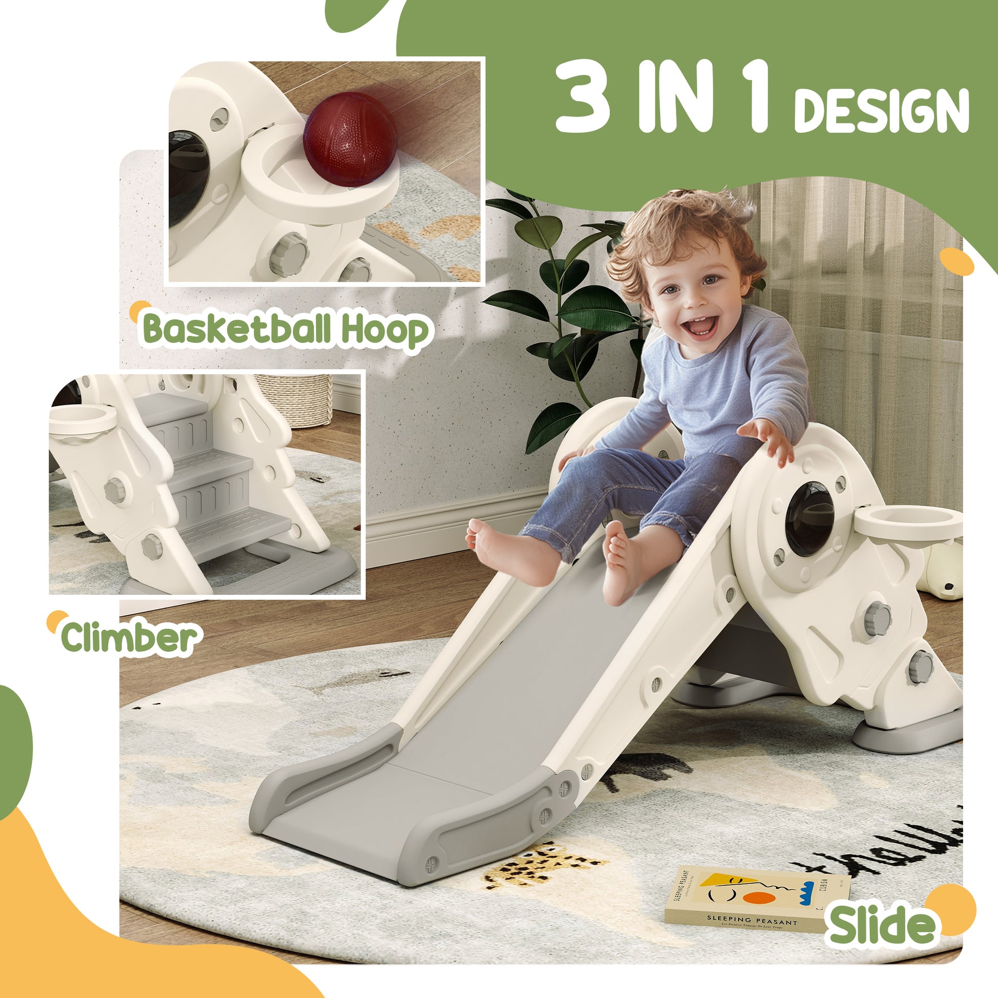 3 in 1 Toddler Slide, Foldable Kids Slide with Basketball Hoop, Climber, Anti-Slide Step for Ages 2-5, Cream White Gym Sets & Swings at Gallery Canada